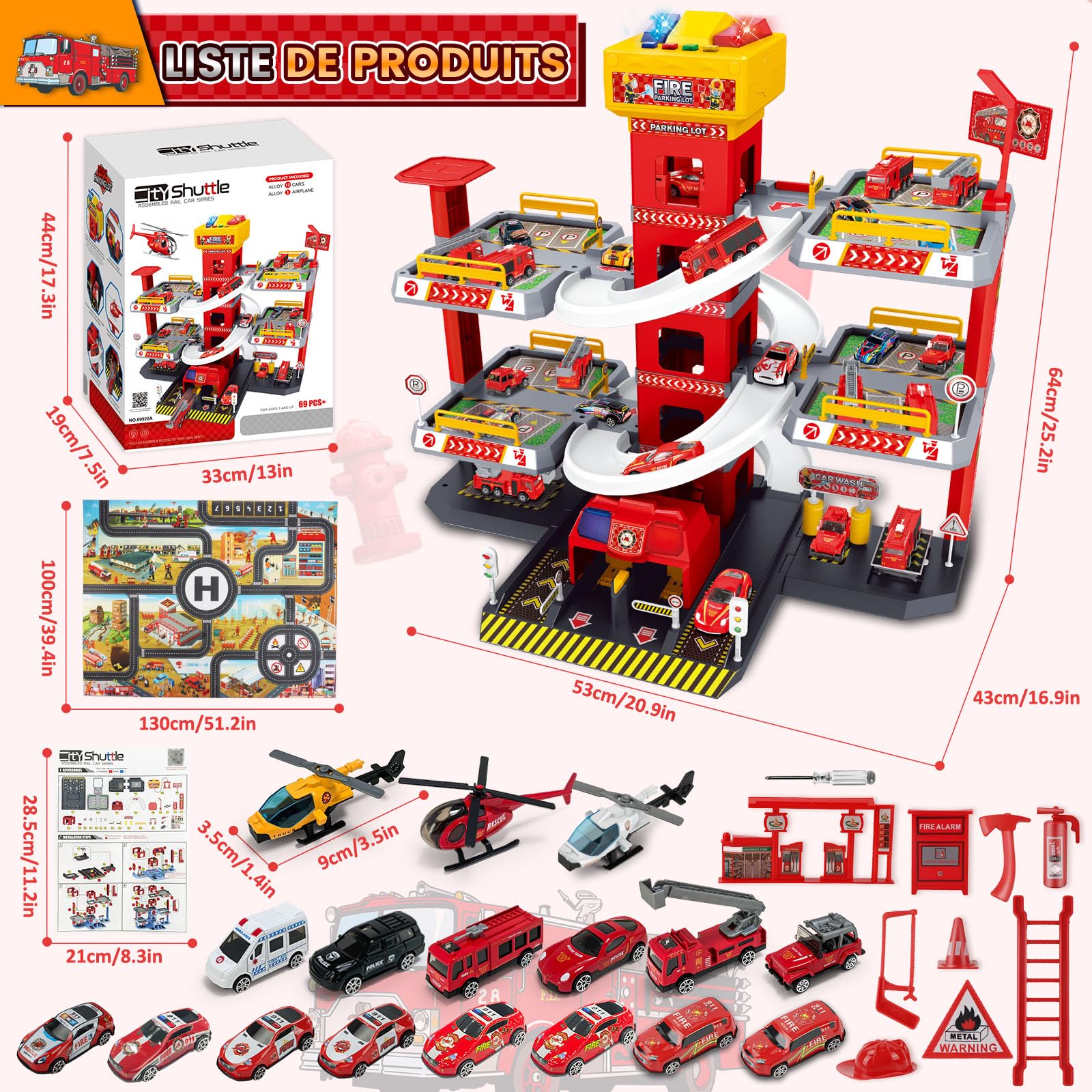 BuzzoXerex 5 Etages Garage pour Enfants, Piste de Course avec 14 Voitures et 2 Hélicoptère, Jouet Garage Voiture avec Ascenseur Electrique Circuit, Cadeaux pour Enfants 5 6 7 8 9 Ans (Rouge)