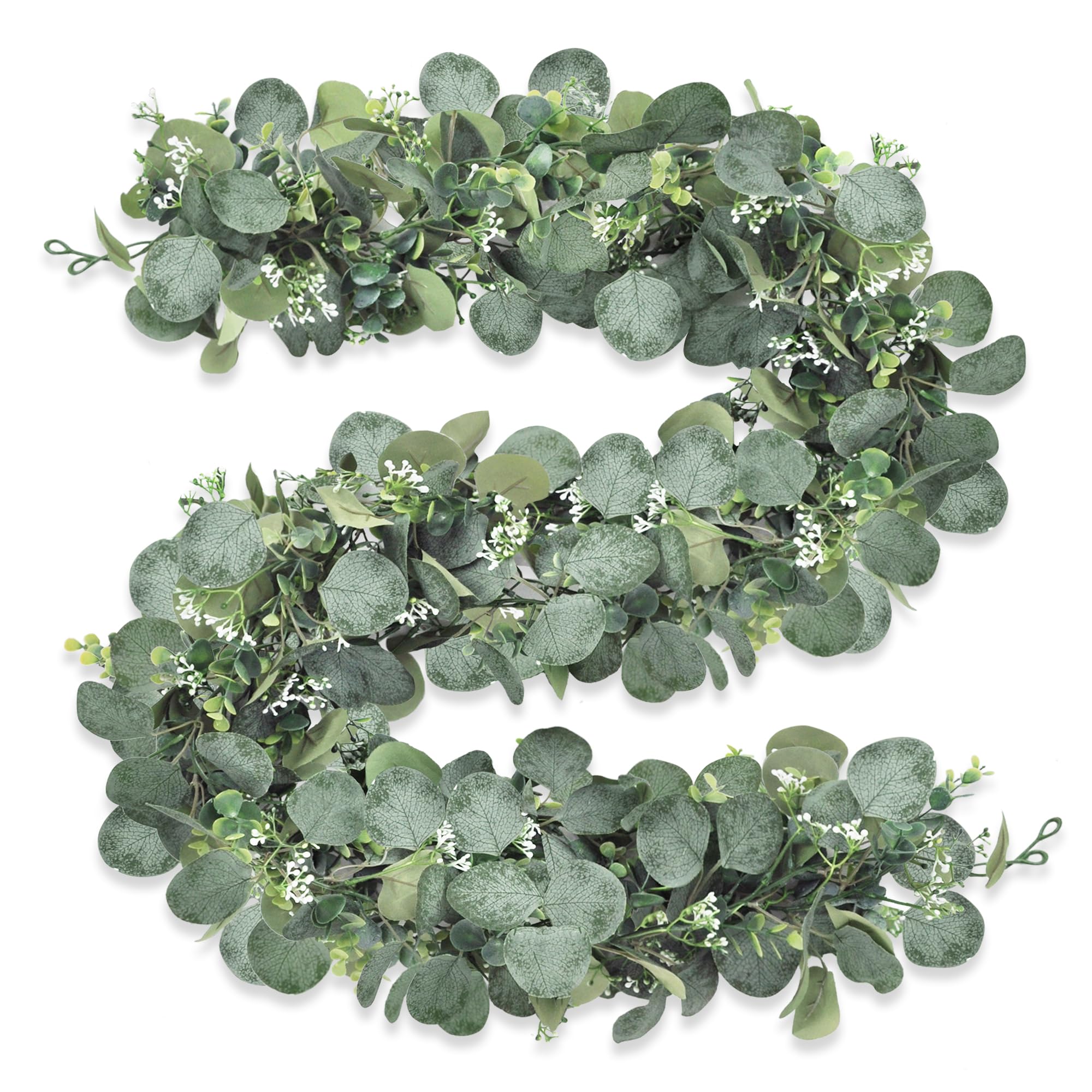 ROLLWAY Pack of 2 Eucalyptus Garland, Artificial Garland Plant, 1.8 m, Hanging Green Leaves, Decoration with White Flowers, Silver Dollar, Eucalyptus Vine, for Background, Wedding, Arch, Green