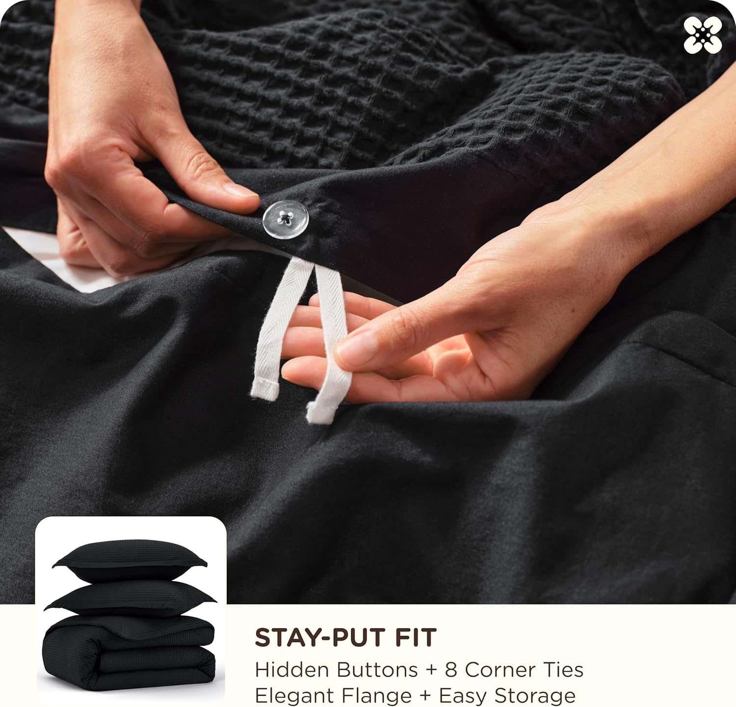 Bedsure Cotton Duvet Cover King - 100% Cotton Waffle Weave Black Duvet Cover King Size, GentleSoft™ and Breathable Bedding Set for All Season, 3 Pieces, 104"x90" - Image 5