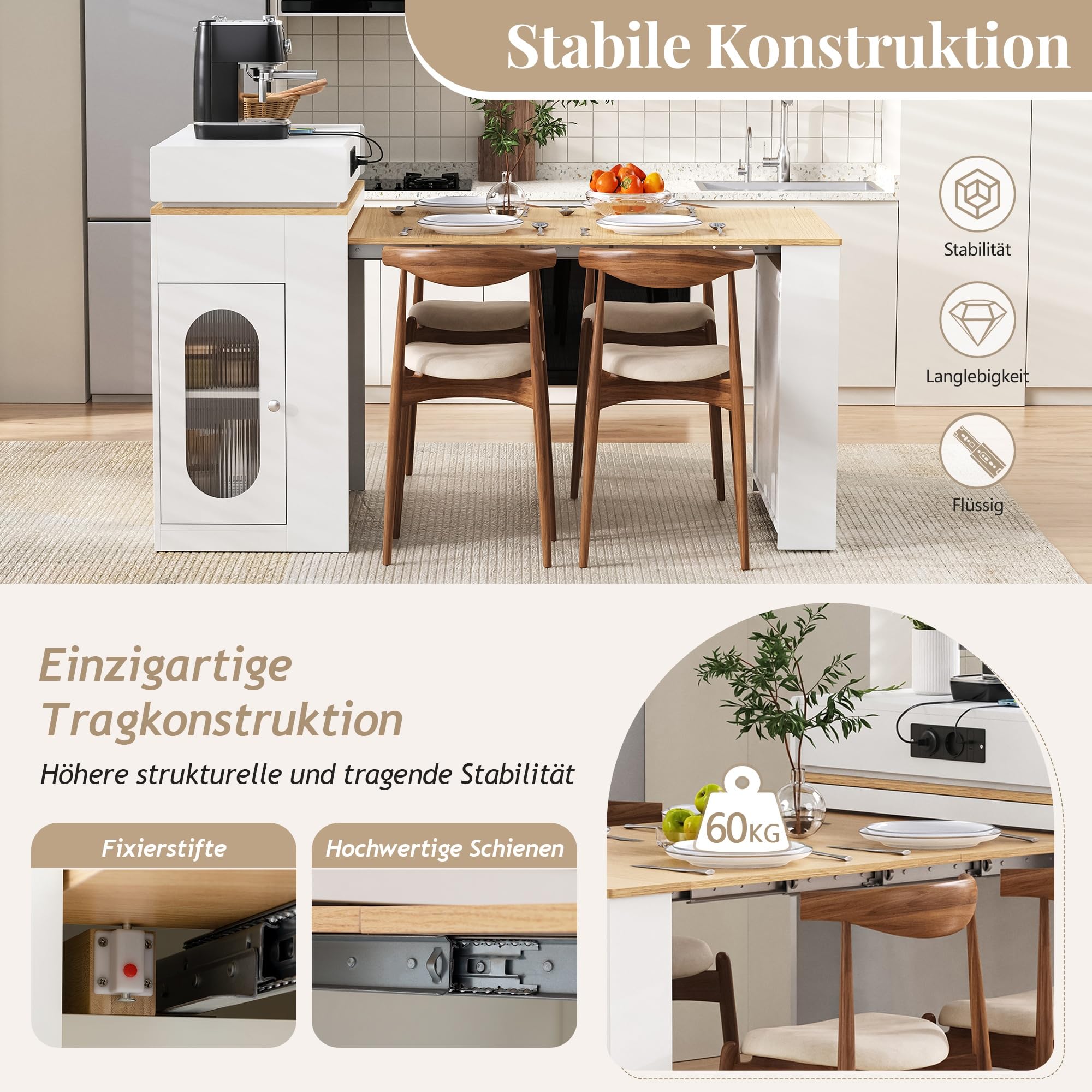 Modernes Kücheninsel mit Rollen, Ausziehbarer Esstisch mit Steckdosenleisten und Haken, als Kücheninsel, Sideboard oder Bartisch für Küche und Esszimmer, Weiß Holzoptik,J