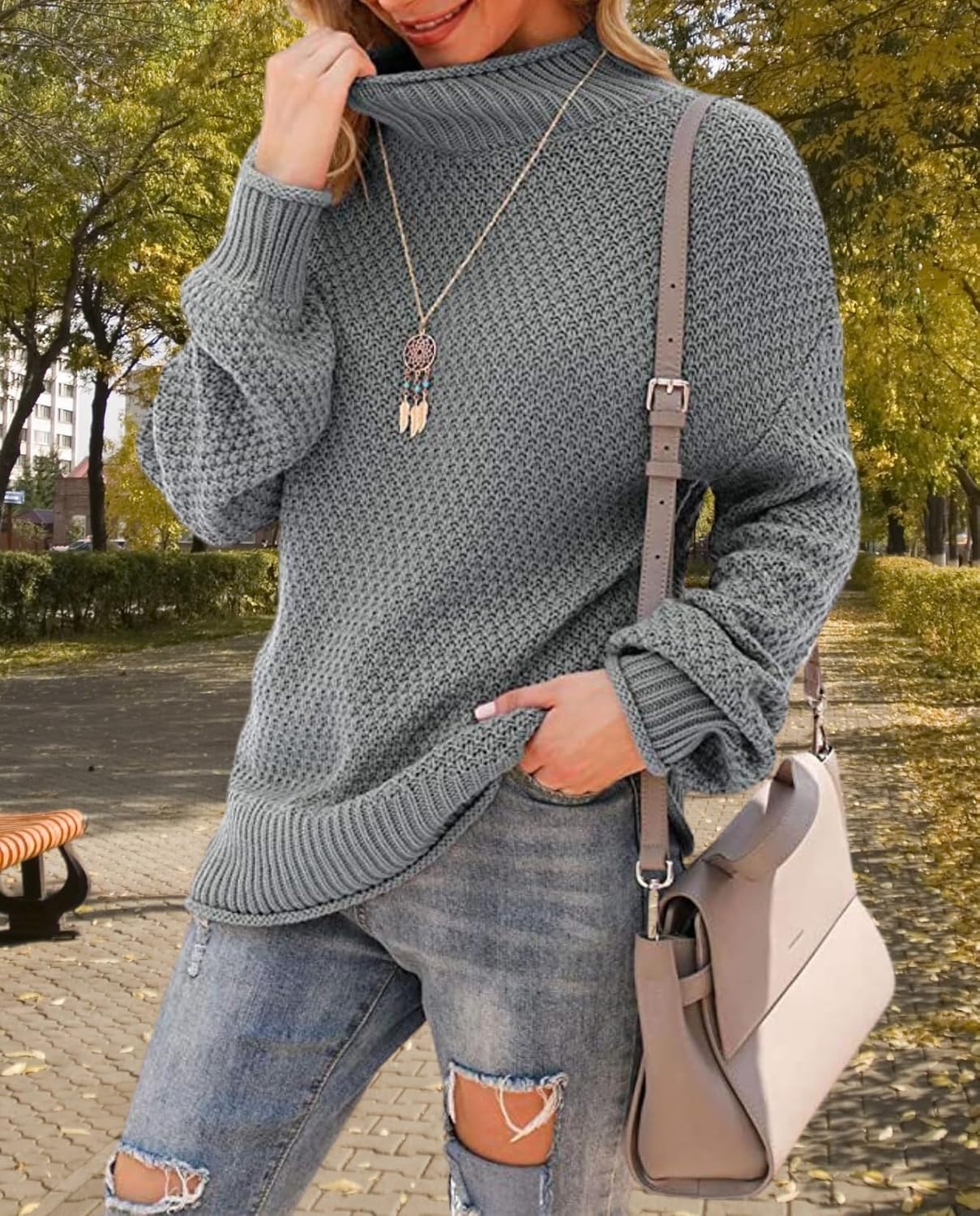Women's Oversized Turtleneck Pullover Batwing Sleeve Casual Sweater Long Sleeve Warm Top for Vacation Wear - Image 3