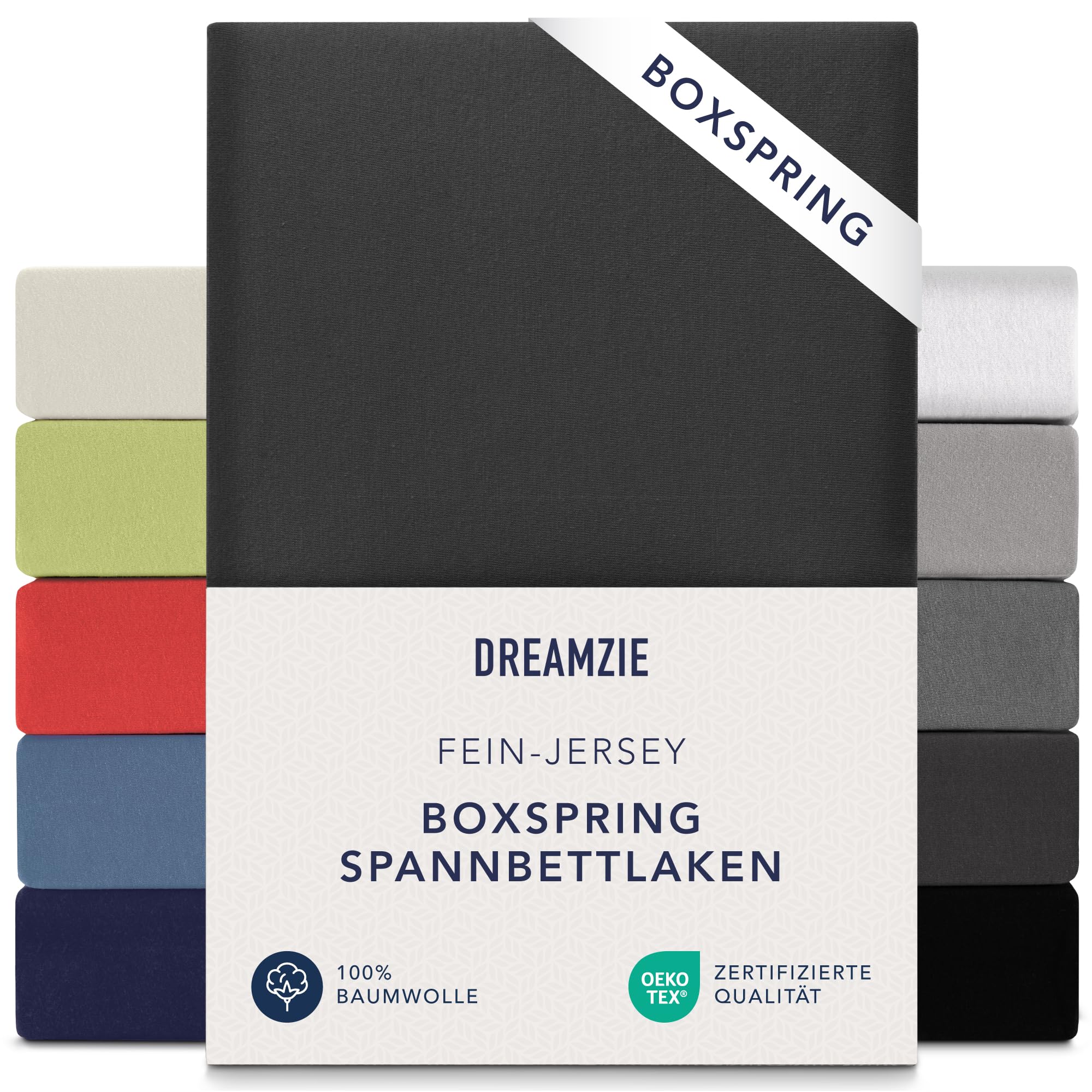 Dreamzie Boxspring Fitted Sheet 180 x 200 cm - 200 x 200 cm, Jersey 100% Cotton, Mattress Height up to 37 cm, Hypoallergenic, Oeko-Tex Dark Grey