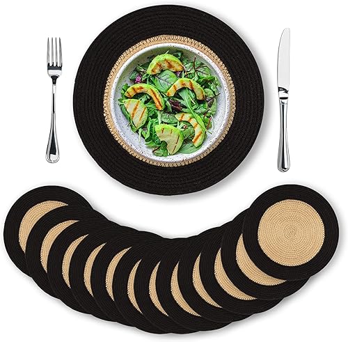 Miniatura 10 de Eco Crave Juego de 8 manteles individuales redondos de yute, tejido a mano de yute beige natural con borde negro, 13 pulgadas, rústico, con cordón,