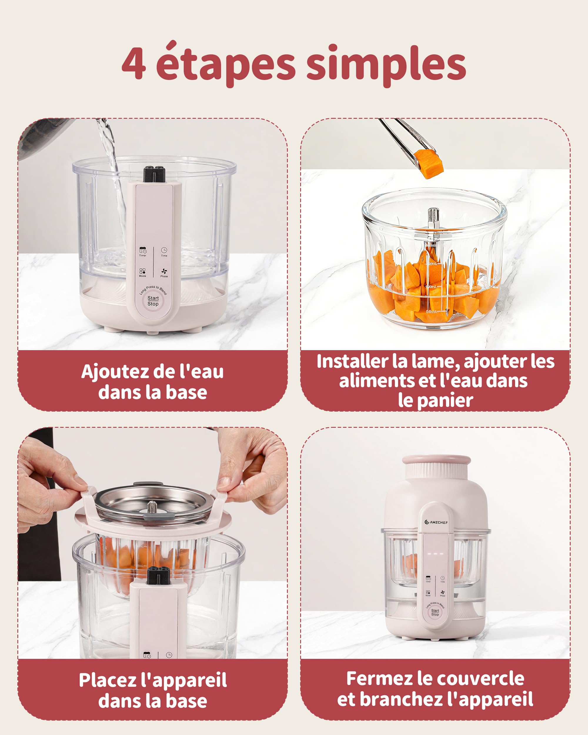 AMZCHEF Robot Cuiseur Bébé 6-en-1, Cuiseur Vapeur Mixeur 350 ml – Cuisson automatique & Hachage, Décongeler, Réchauffer – Commande Tactile, Lame 4 Couches, Sans BPA, Auto-Nettoyage