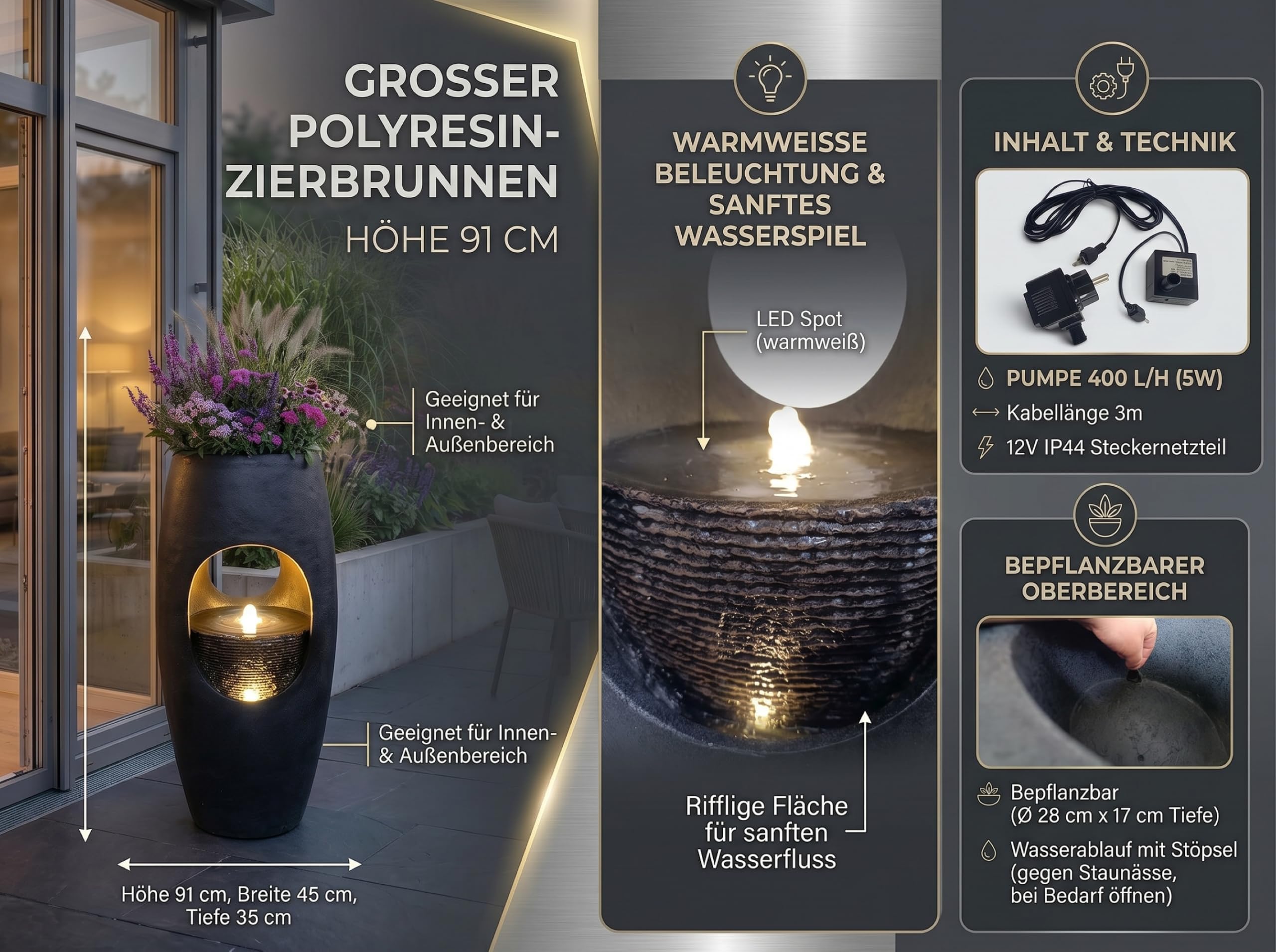 Großer Gartenbrunnen 91 cm bepflanzbar, Indoor & Outdoor Brunnen aus Polyresin, moderner Zimmerbrunnen mit LED-Beleuchtung, Pflanzkübel Springbrunnen für Terrasse Garten Balkon