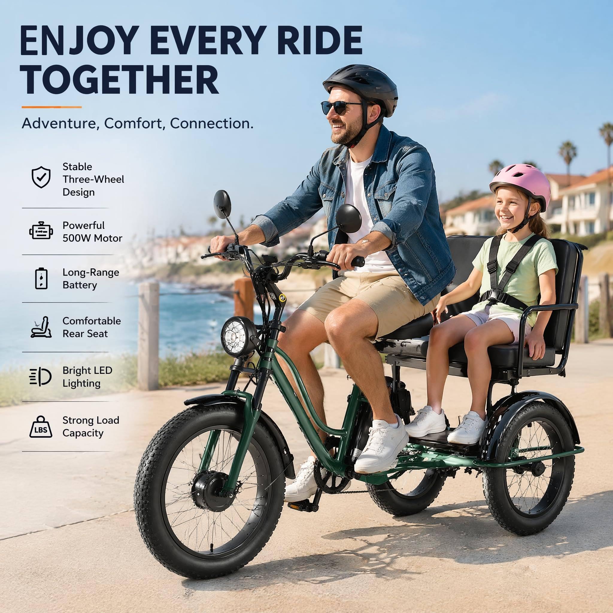 Triciclo Elettrico con Pneumatici Larghi da 24", Triciclo Elettrico a 7 velocità, Portata Massima 360 Libbre, Batteria Rimovibile da 48 V/18 Ah, con Display LCD E Fari Anteriori Green