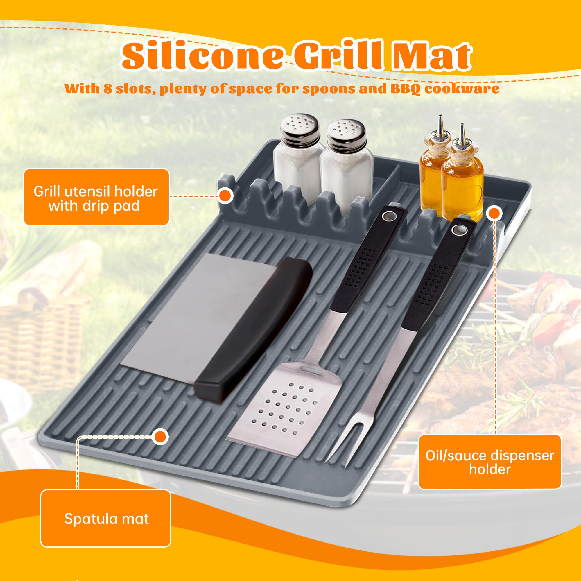 Tappetino per Utensili per Piastra in Silicone per Blackstone, Resistente alle Alte Temperature, Struttura Antiscivolo, Facile Pulizia Ideale per BBQ e Sessioni di Grigliate (grigio sottile)