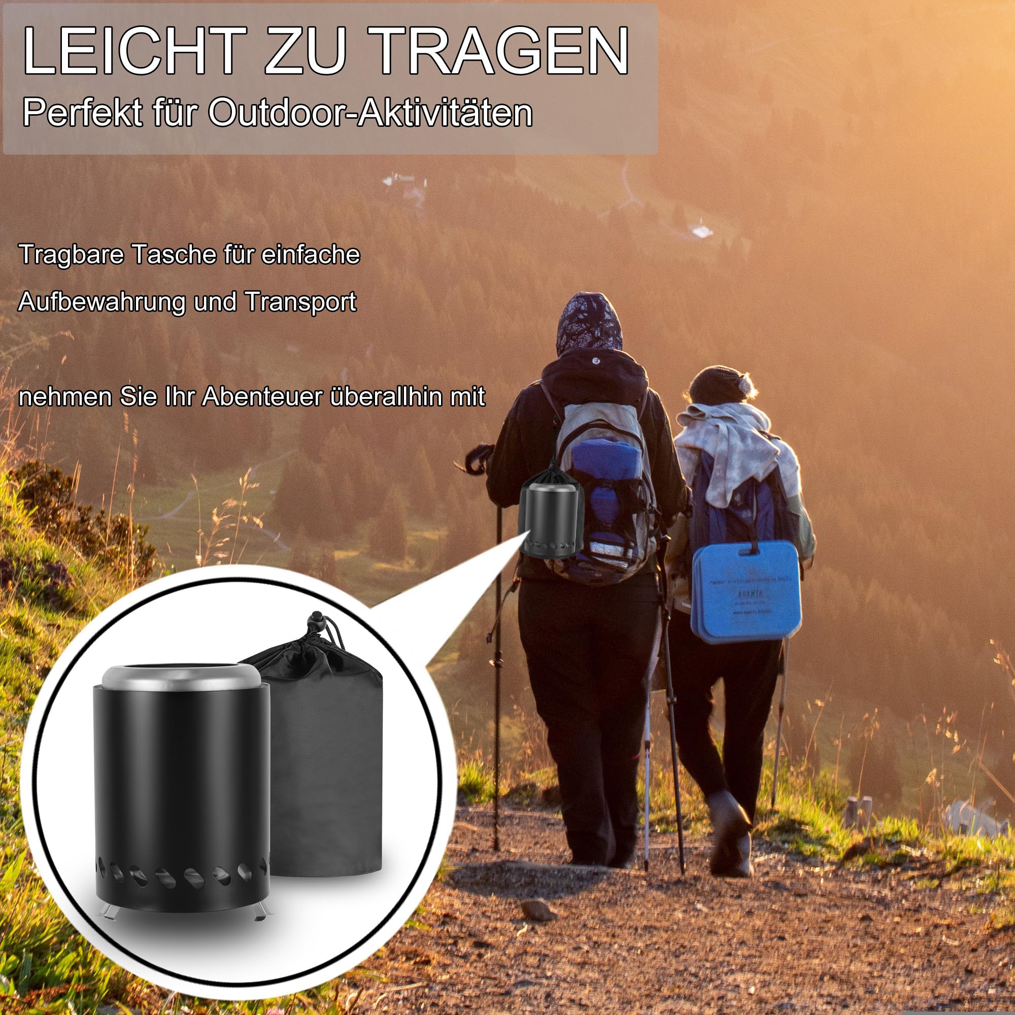 Outdoor Edelstahl Camping Tragbare Feuerstelle Betrieben mit Pellets oder Holz mit Reisetasche Für den Außenbereich, Schwarz