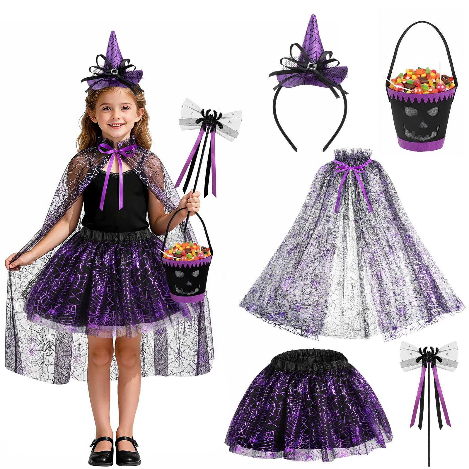 Beipegin Spider Costume for Kids Spiderweb Cape Tutu Skirt Spider Headband Candy Bag Halloween Vampire Costume Fancy Dress Cosplay