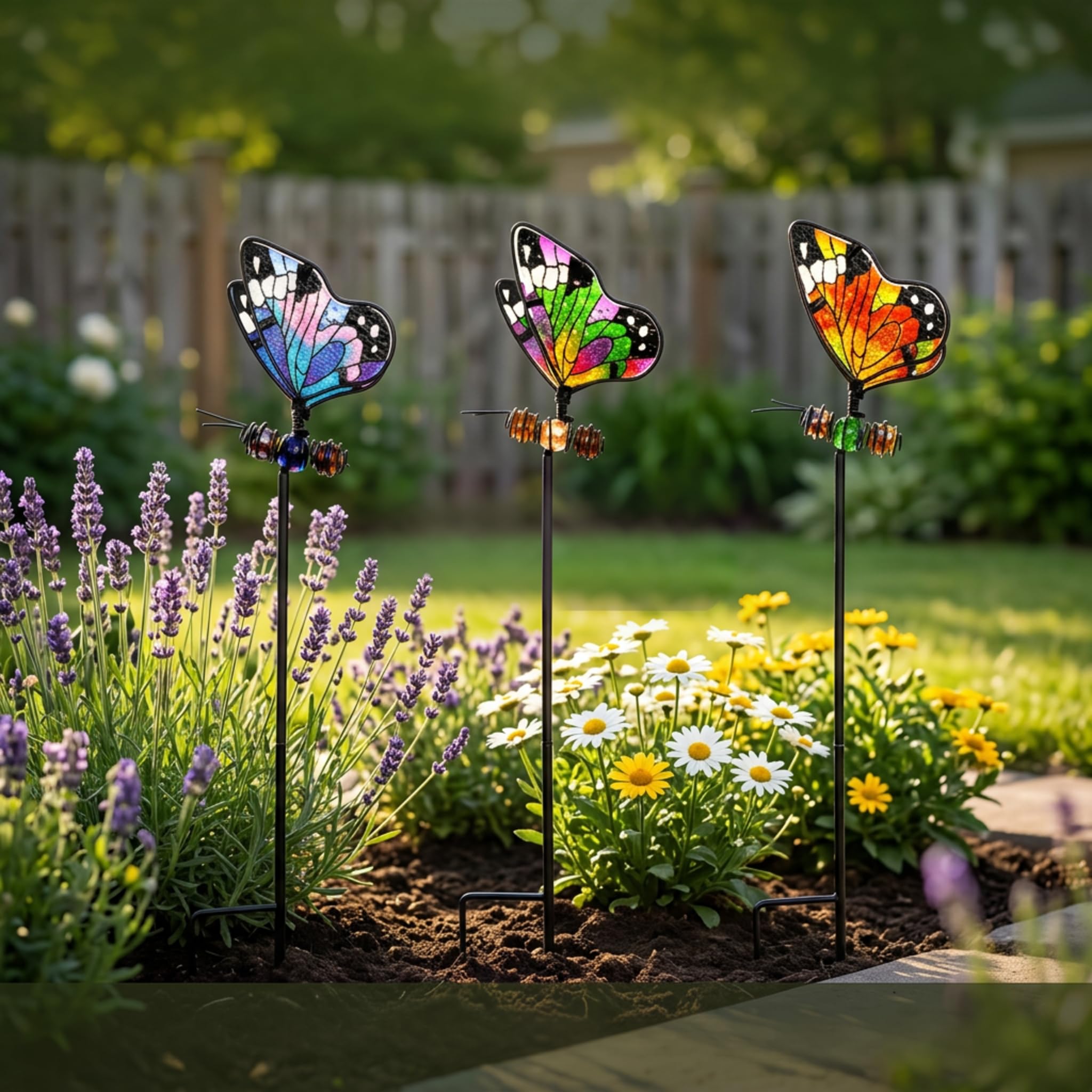 3 Stück Schmetterlings-Gartenpfähle, Gartenstecker Metall, Glas- und Metallkunst-Ornamente, Lebendige Gartendekoration, Deko Frühling Outdoor (B)
