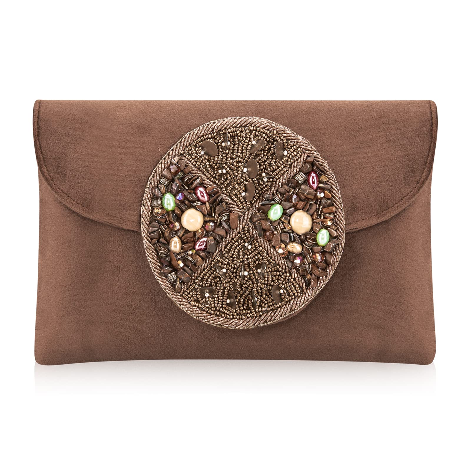 inaaya - bridal accessories Women's Suede Zardozi Designer Wedding Sling Clutch Bag Purse with Circular Embellishment of Multi Stones and Embroidery-picture-38