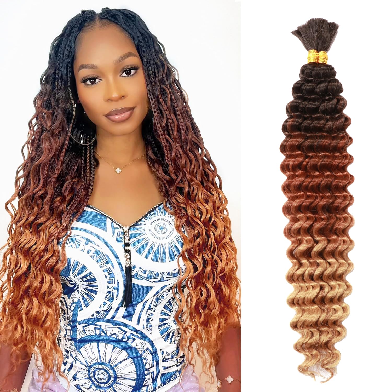 Deep Wave Bulk Hair for Braiding 18 Inch 2Bundles No Weft Hair Curls for Boho Braids Wet and Wavy Curly Bundles for Braiding Hair Extensions (T1B/30/27#