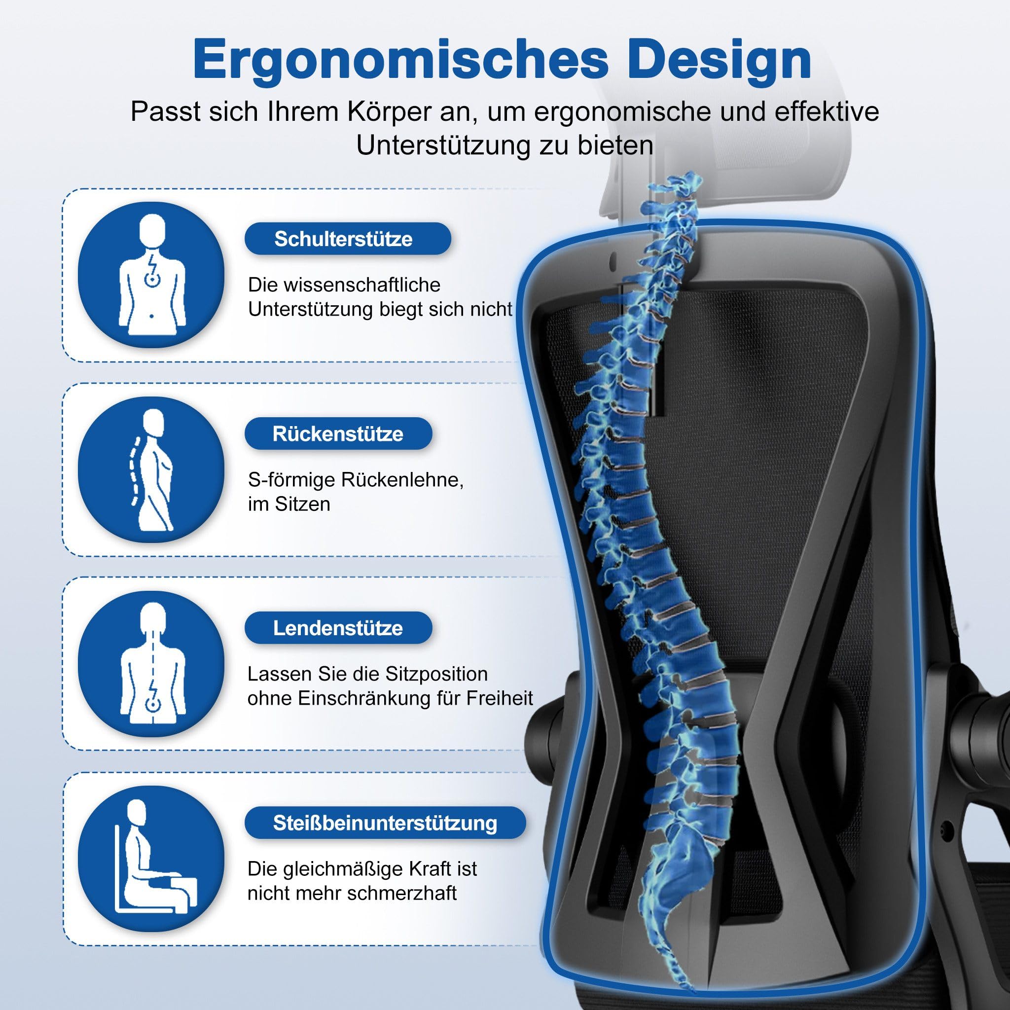 Bürostuhl Ergonomisch mit Verstellbarer Kopfstütze Armlehnen Lendenwirbelstütze Drehstuhl Wippfunktion 135° 150kg