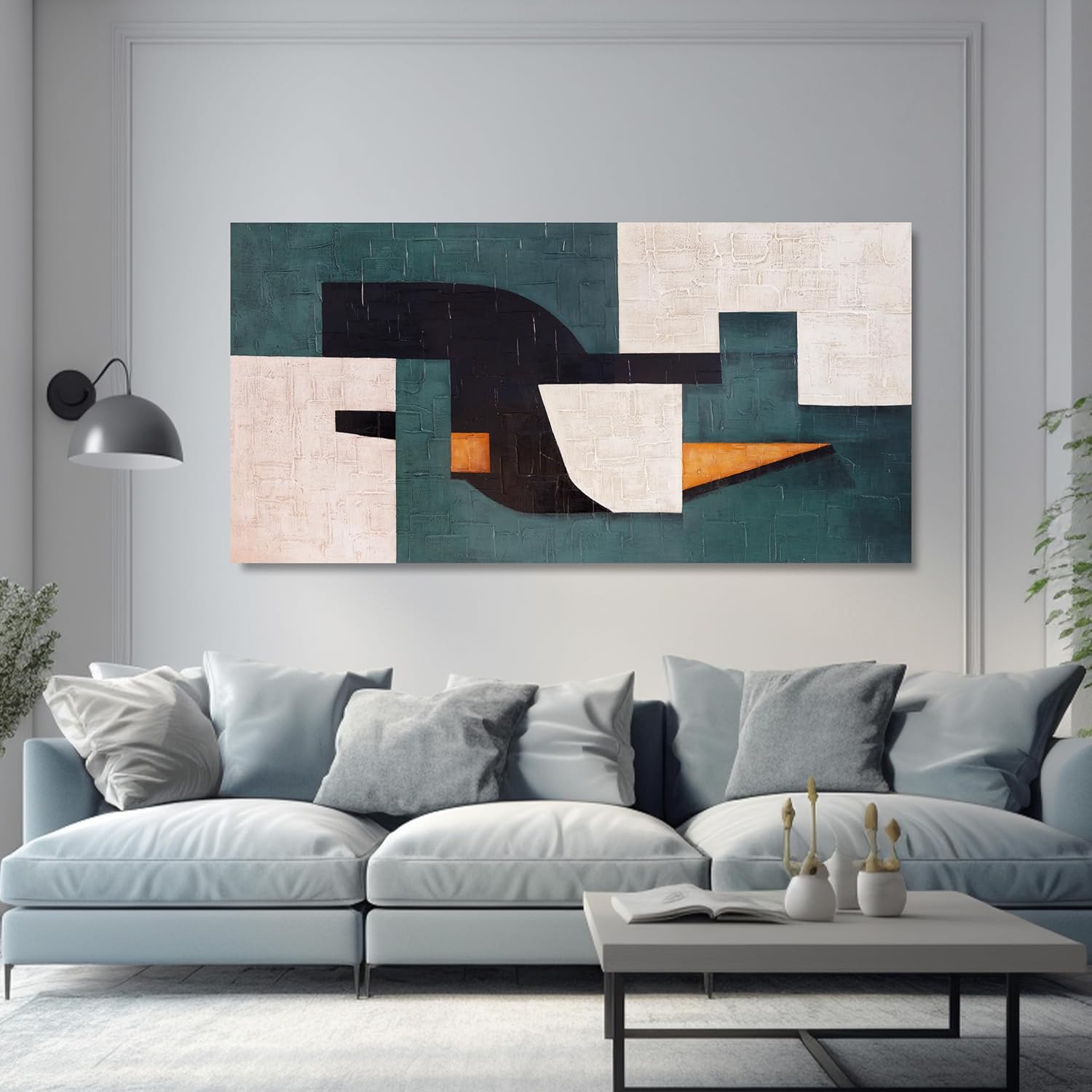 Abstract Wall Art Aesthetic Boho Wall Decor Neutral Abstract Wall Art Blue-Green Geometric Patterns Abstract Framed Artwork for Living Room Bedroom Office 20" X 40"