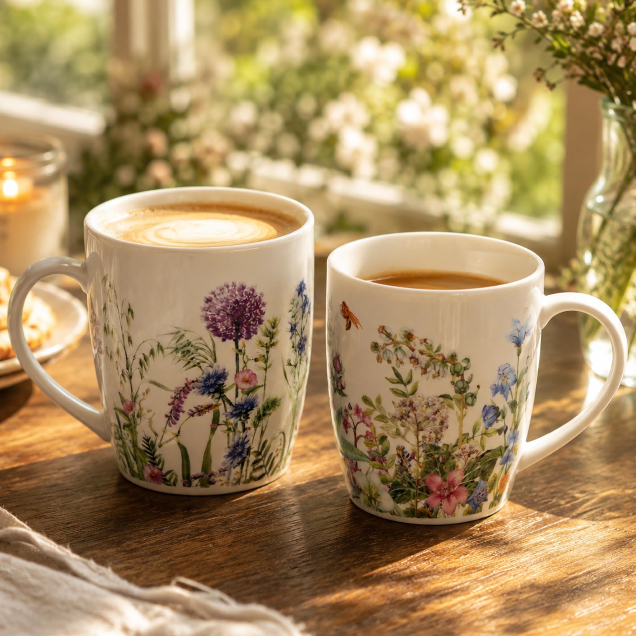 Set di 4 tazze con motivo floreale primaverile – Bellissime tazze da caffè in porcellana da 300 ml per cappuccino, caffè, tè – Eccezionale tazza da caffè lavabile in lavastoviglie e adatta al