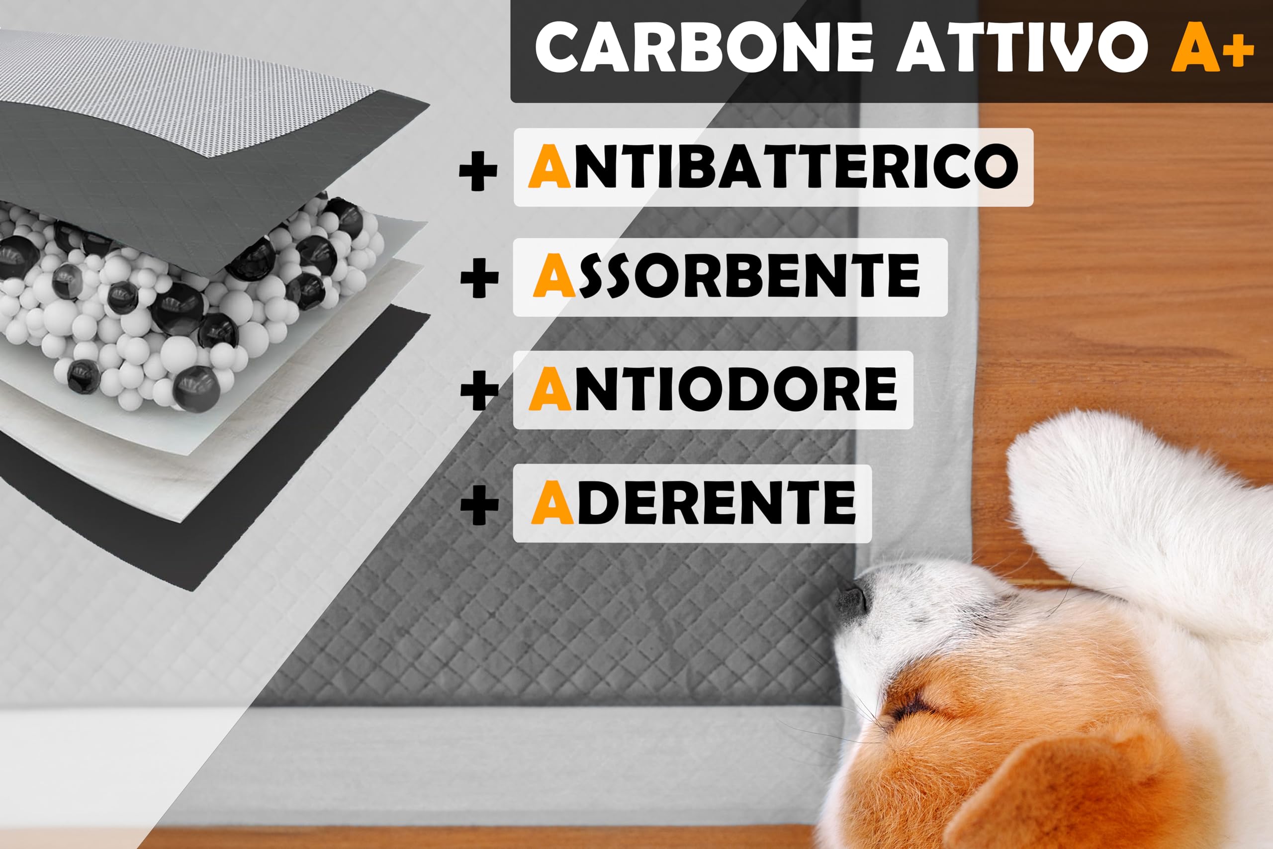 HAND Traversine Cani Carboni Attivi 60x90 cm, 50 Pezzi Super Assorbenti e Antiodore, Tappetini Igienici Neri per Cani e Cuccioli con Adesivi di Fissaggio, Extra Spessi e Resistenti (50 Pezzi 60x90 cm)