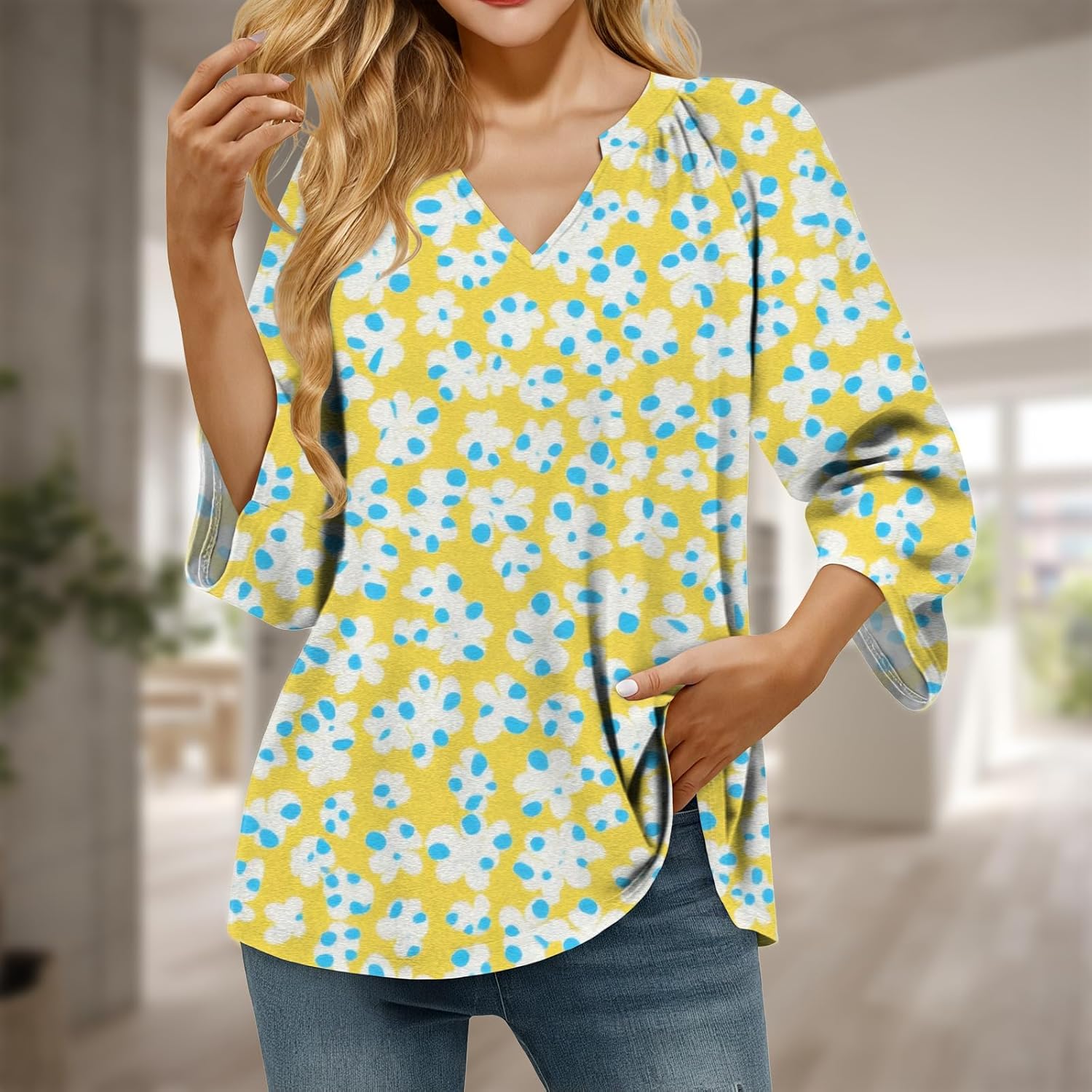 Flowy Shirts for Women 3/4 Sleeve Comfy Fit V Neck Vintage Tops for Women Lightweight Casual Summer Tops Trendy - Image 2