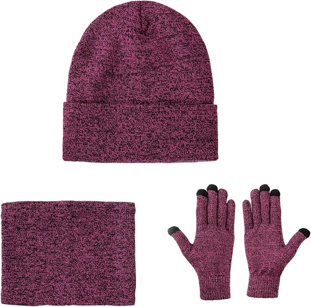 Lallier 3PCS Beanie Hat Scarf Touchscreen Gloves Set for Men and Women, Winter Fleece Lined Beanie Infinite Scarf and Gloves Set, Knit Beanie Hat Neck Warmer Mittens Sets