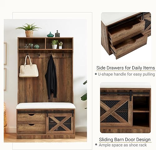 Miniatura 4 de Edwin's Choice Árbol de entrada de 71 pulgadas de alto con perchero y banco de almacenamiento, árbol de madera con taburete acolchado y ganchos para