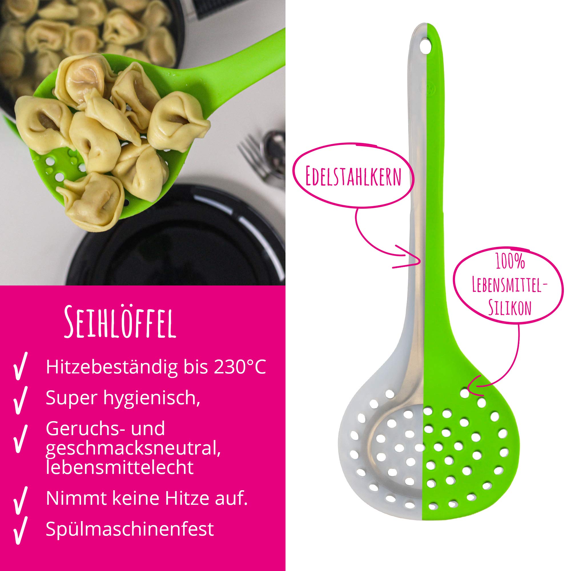 Kochblume Küchenhelfer Set, 5-teilig, Flexwender, Saucenlöffel, Schaumlöffel, Pastalöffel, Schöpflöffel | Premium Premium-Silikon & BPA freimit Edelstahlkern (rot)