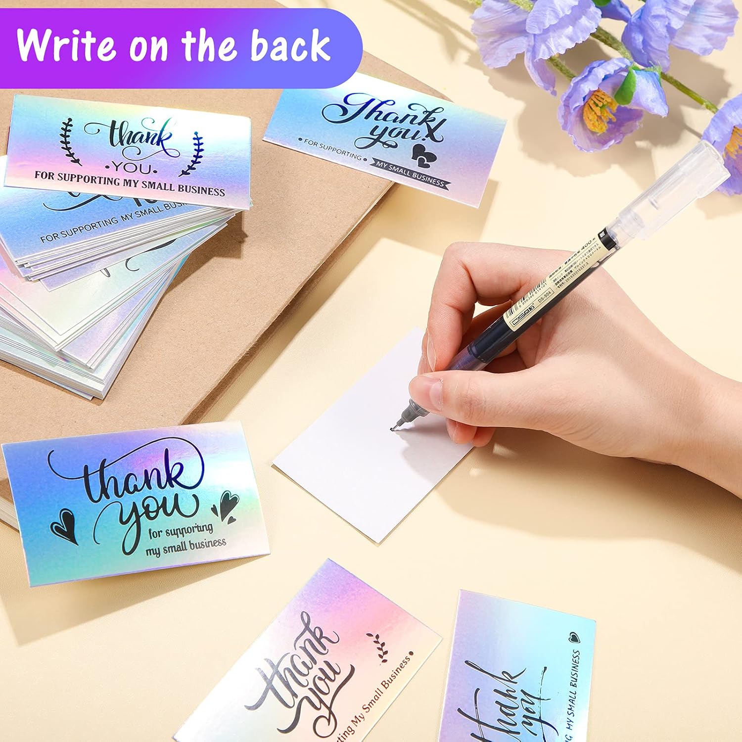 1120 Pcs Thank You Cards and Stickers Set, Include 120 Business Card 1000 Roll Labels Thank You for Supporting My Small Business Stickers Package Insert(Holographic Style) - Image 4