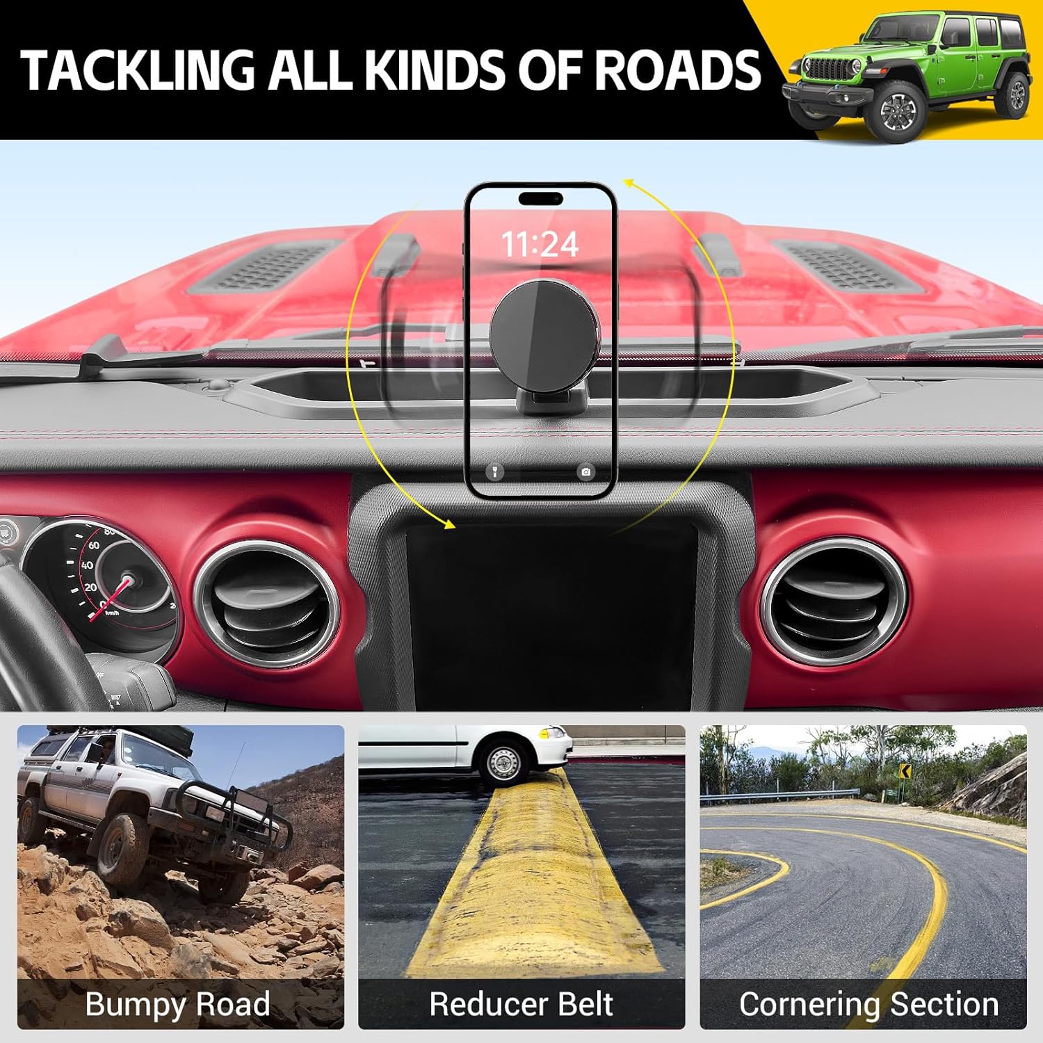 Magnetic Phone Mount for 2018-2023 Jeep Wrangler JL JLU/2020-2023 Gladiator JT Only,Multi-Mount Car Phone Holder Dash Tray System Kit Strong Magnet Dashboard Phone Holder Accessories