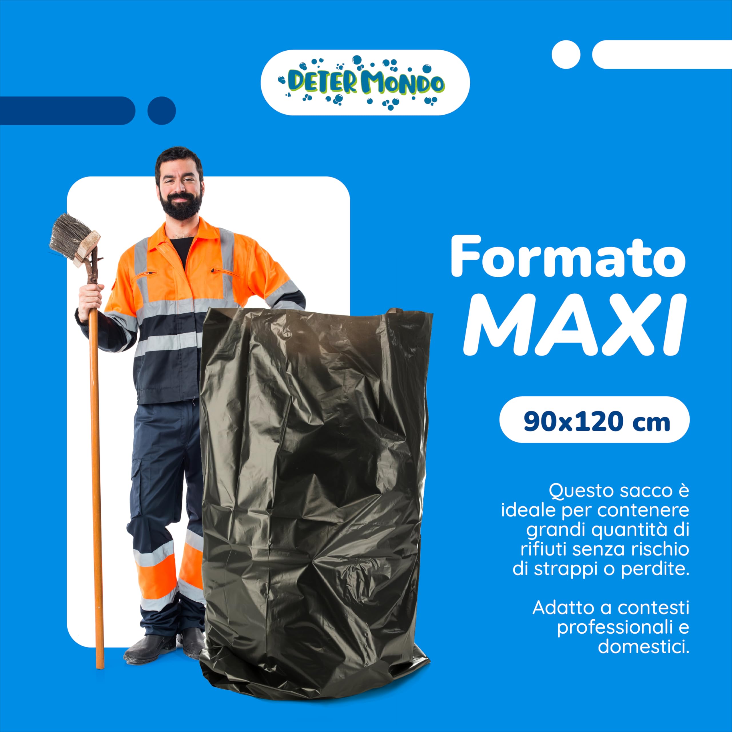 DETERMONDO 160 Sacchi Spazzatura Grandi 90x120 cm, Sacchi Neri per Rifiuti, Capacità di 120L, Resistenti, Riciclabili, Antistrappo e Antigoccia, Ecosostenibili, Made in Italy, 4 Rotoli da 10 pezzi