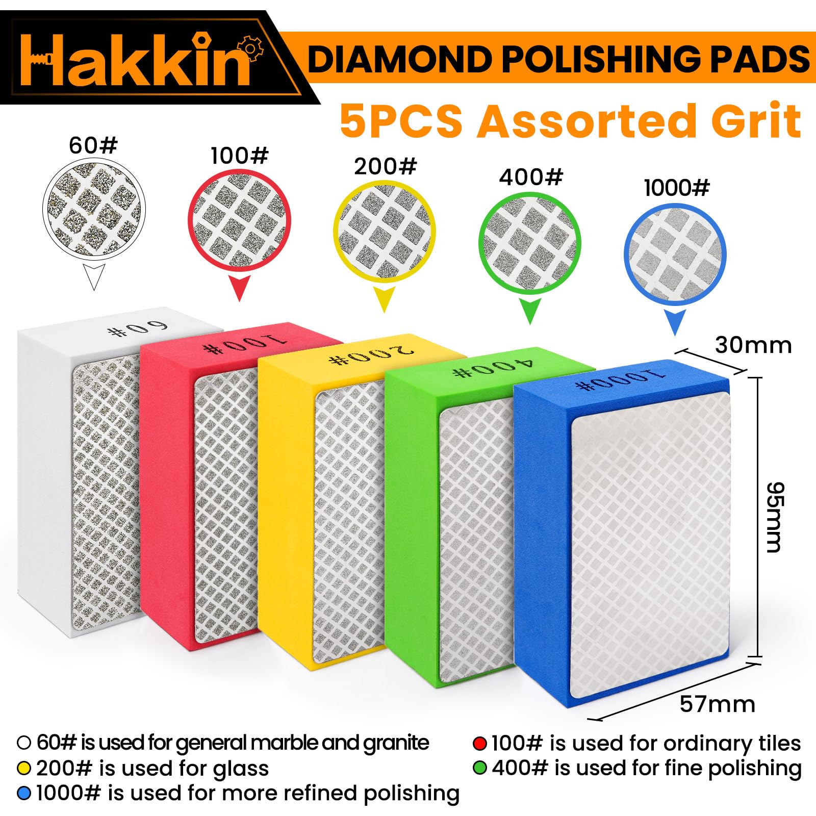 Hakkin 5Pcs Diamond Hand Polishing Pads for Ceramic Tile Glass Grinding Sanding Blocks Grit 60#, 100#, 200#, 400#, 1000# - Image 2