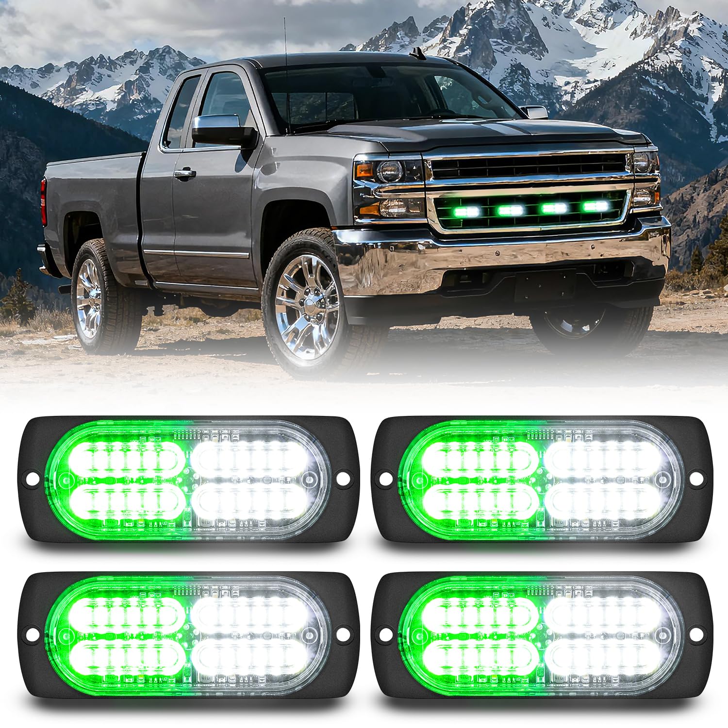 Nilight 4PCS 24LED Green White Strobe Light 12V/24V Grille Surface Mount