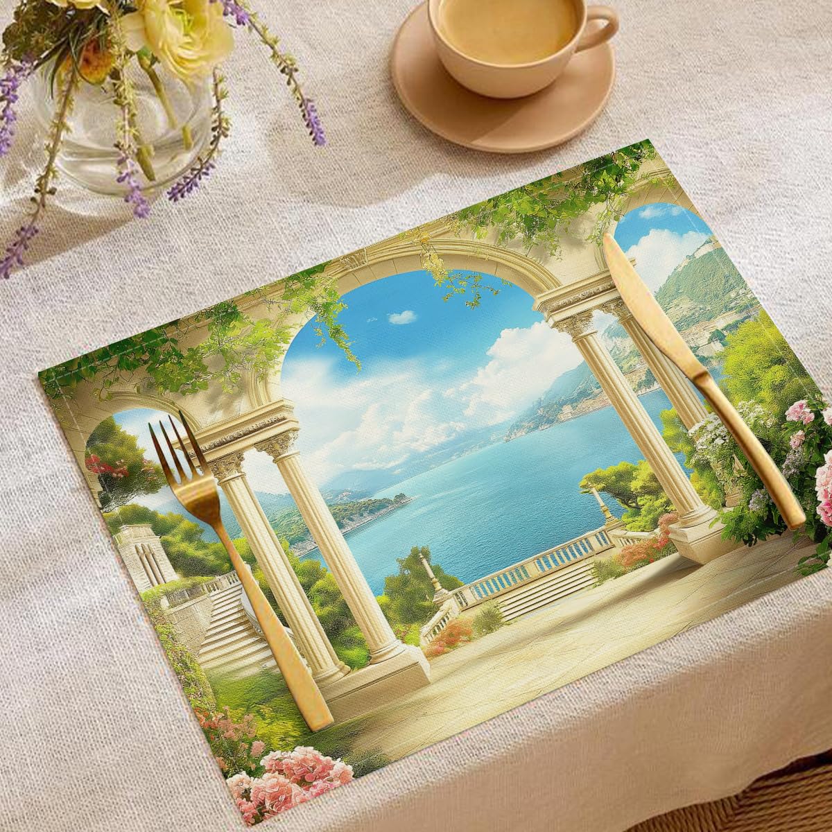 Set de 6 de table motif paysage naturel floral lavable impression haute qualité