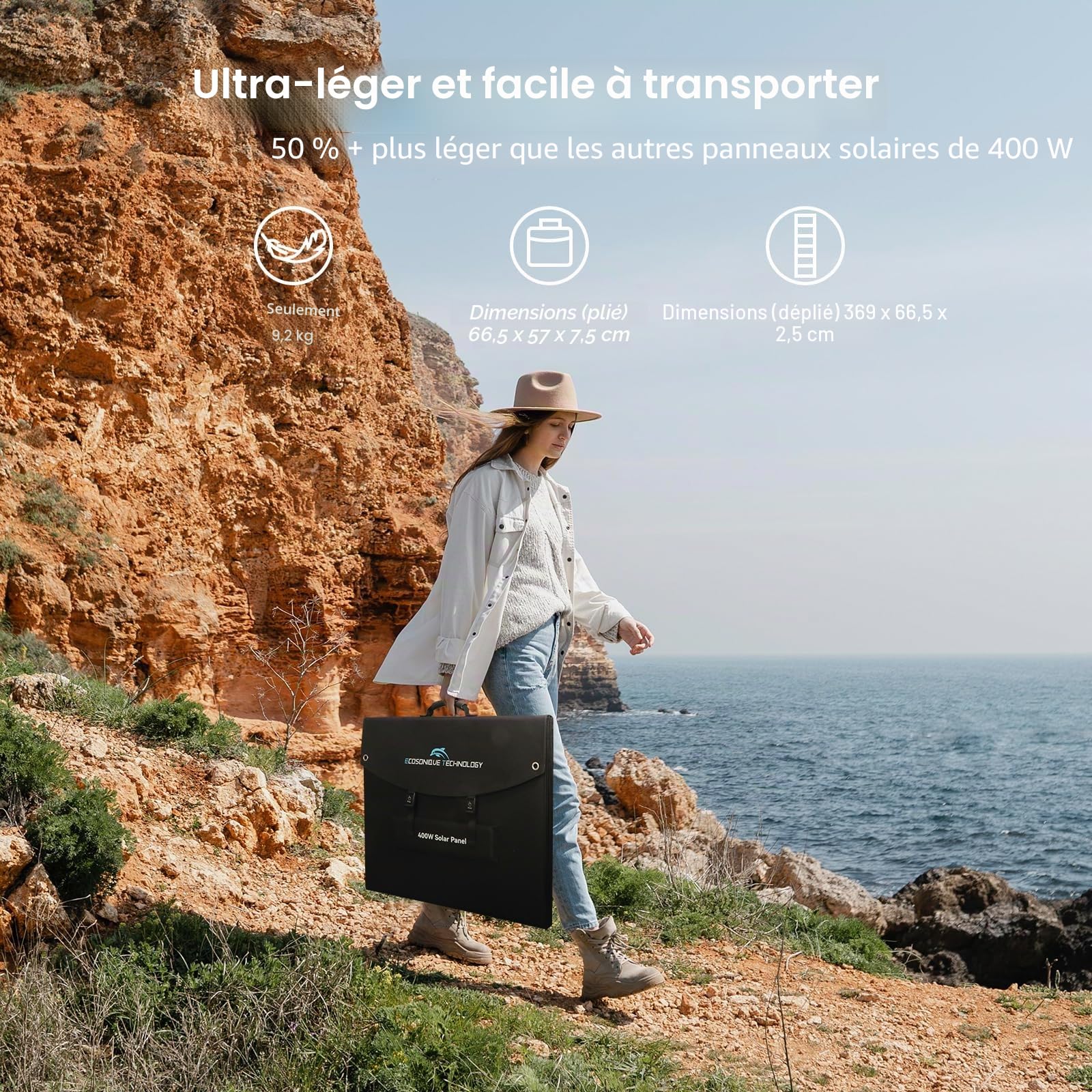 Ecosonique Panneau solaire portable 400 W MC4 40 V, compatible avec la plupart des centrales électriques, panneau solaire pliable et léger avec supports, sorties multiples pour générateurs solaires