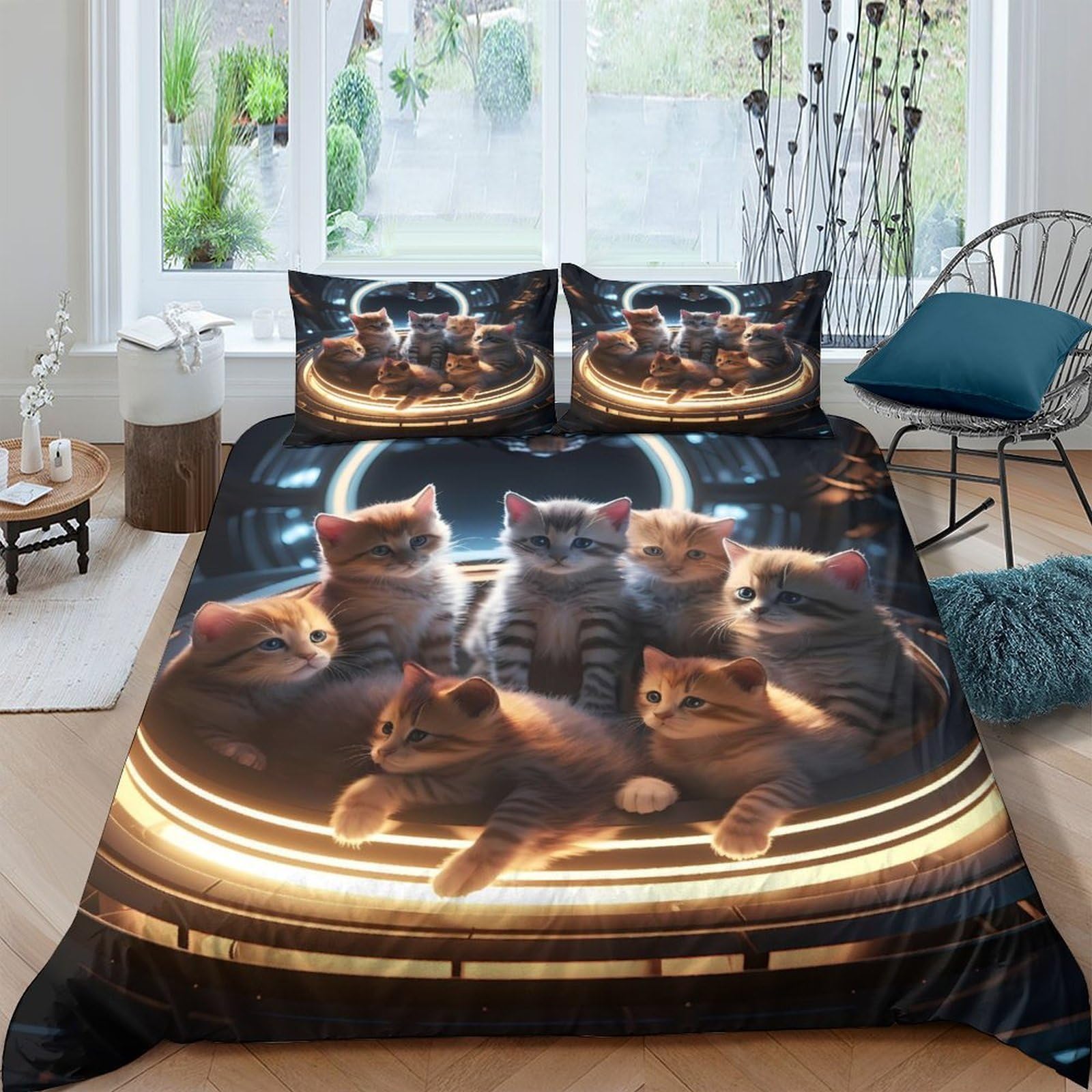 GPLZQXKJNH 3D Printed Cute Kitten Duvet Cover Microfiber Soft Breathable Galaxy Bedding Set with 2 Pillowcases for Bedroom Decor Single（135x200cm）