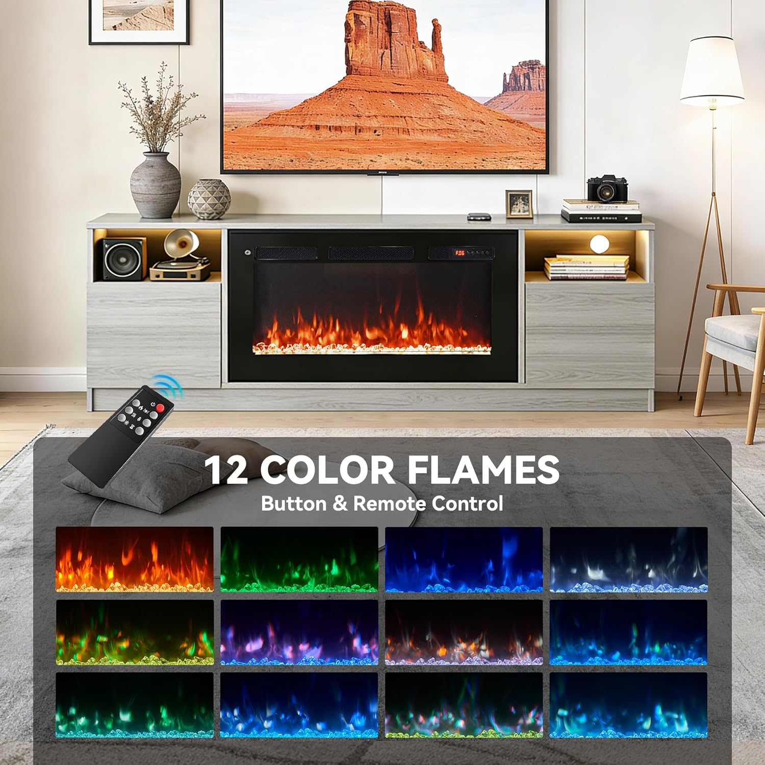 70" Fireplace TV Stand with 36" Electric Fireplace, LED Light Entertainment Center for TVs Up to 80", High-Gloss Door, Modern TV Console for Living Room with Storage Cabinet, Gray+Black