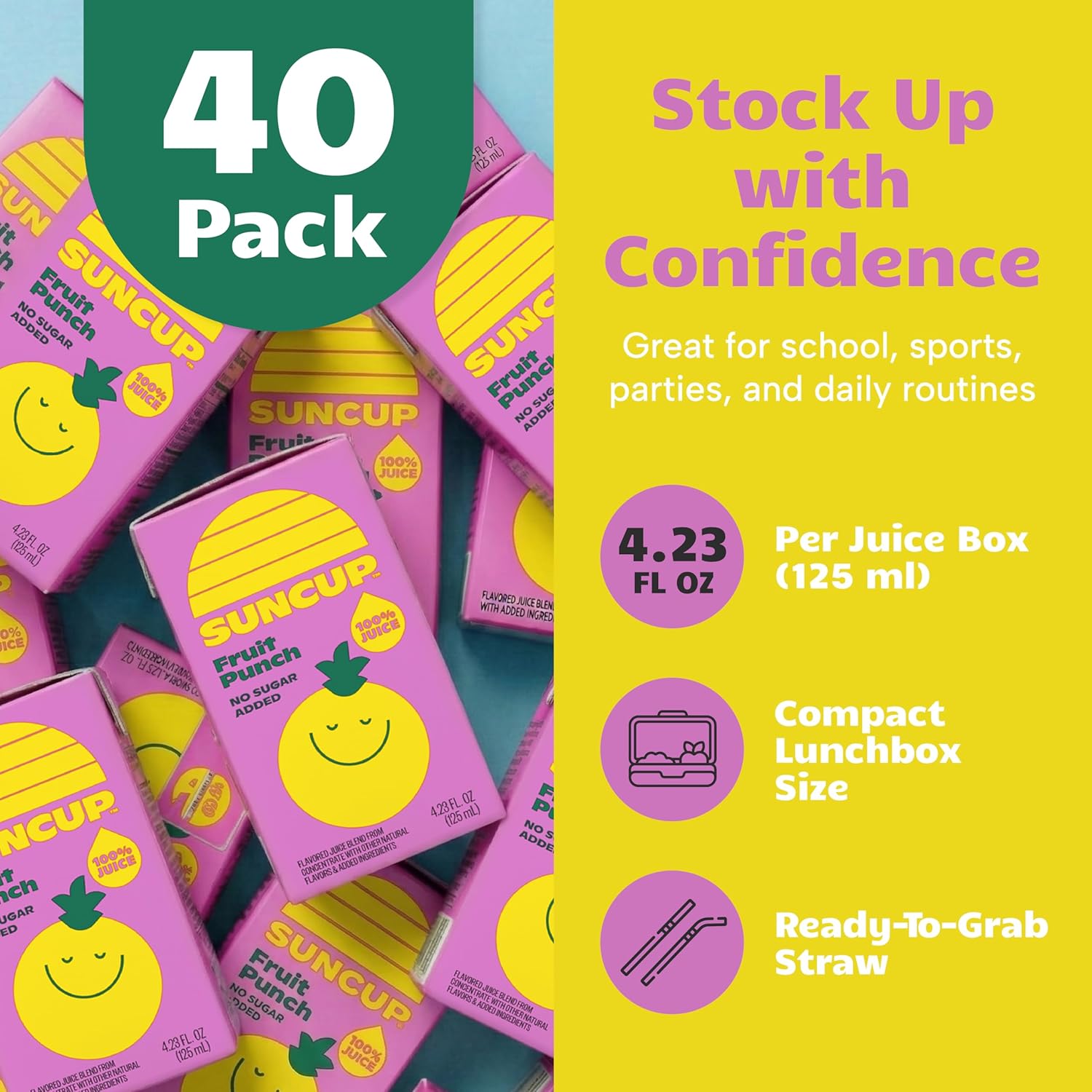 SunCup 100% Juice Boxes for Kids | No Added Sugar, No Dyes, No Preservatives | Trusted in Schools Across 49 States | SNAP EBT Eligible | Bulk Pack with Straw | 4.23 oz (40 Pack), Fruit Punch