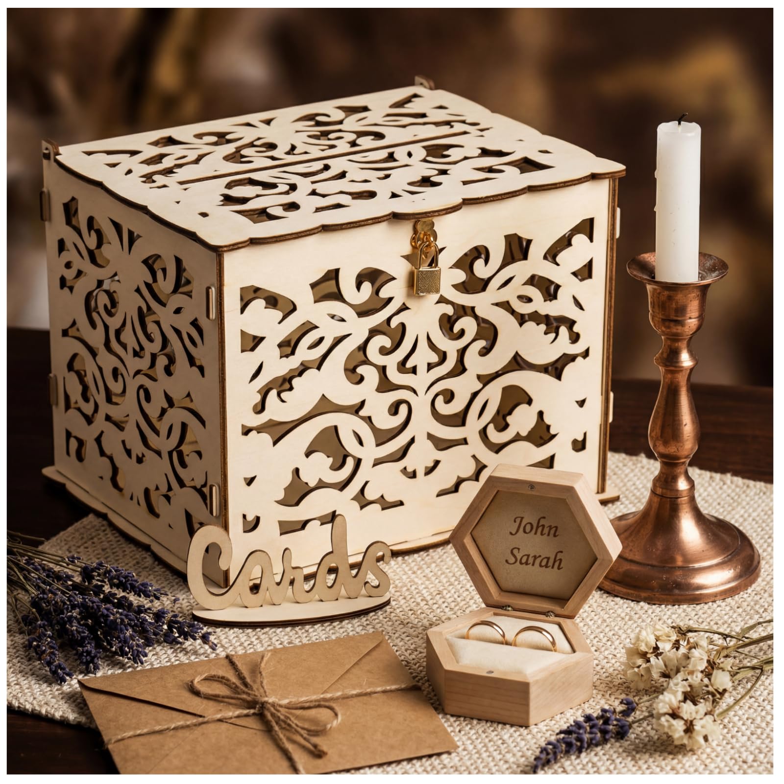 Boîte à cartes de mariage en bois creux avec serrure sécurisée et panneau