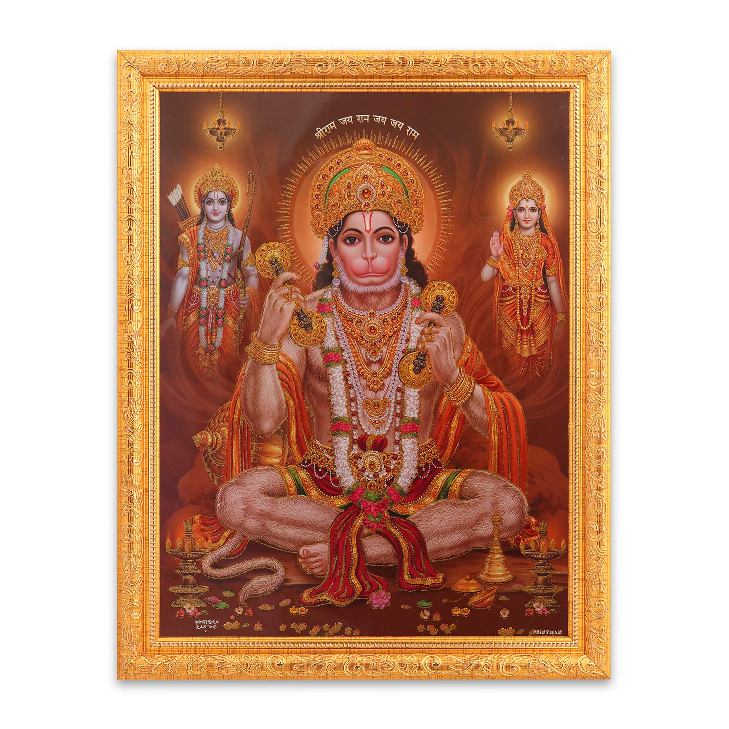 Tableau Ram Sita Hanuman en broderie Zari fine et son grand cadre doré luxueux
