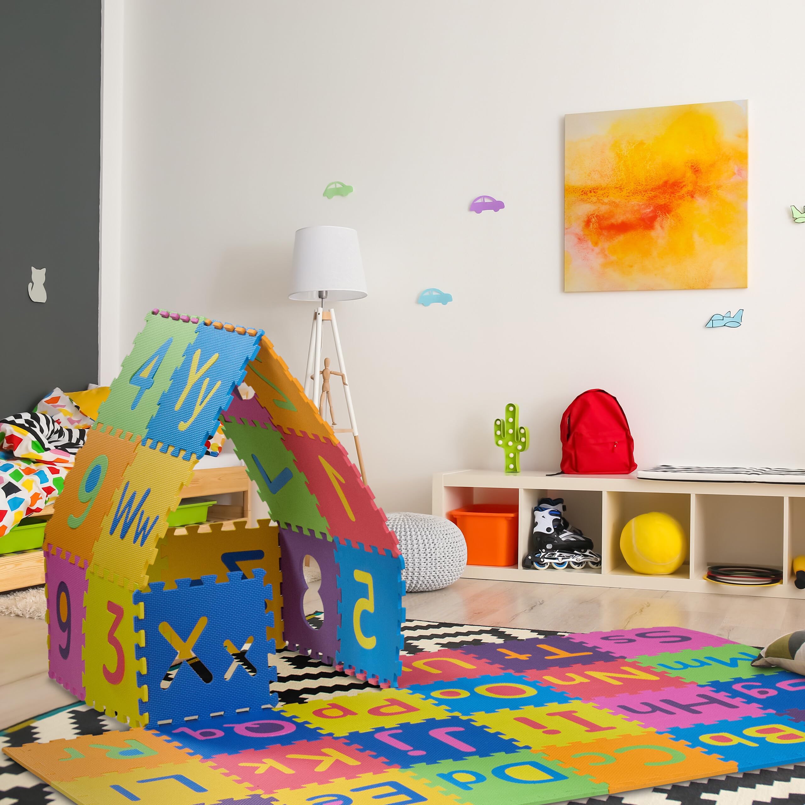 Relaxdays Alfombra Infantil Puzzle ABC y Números, Tapete de Juego para Niños, 180,5 x 180,5 cm, Gomaespuma, Multicolor