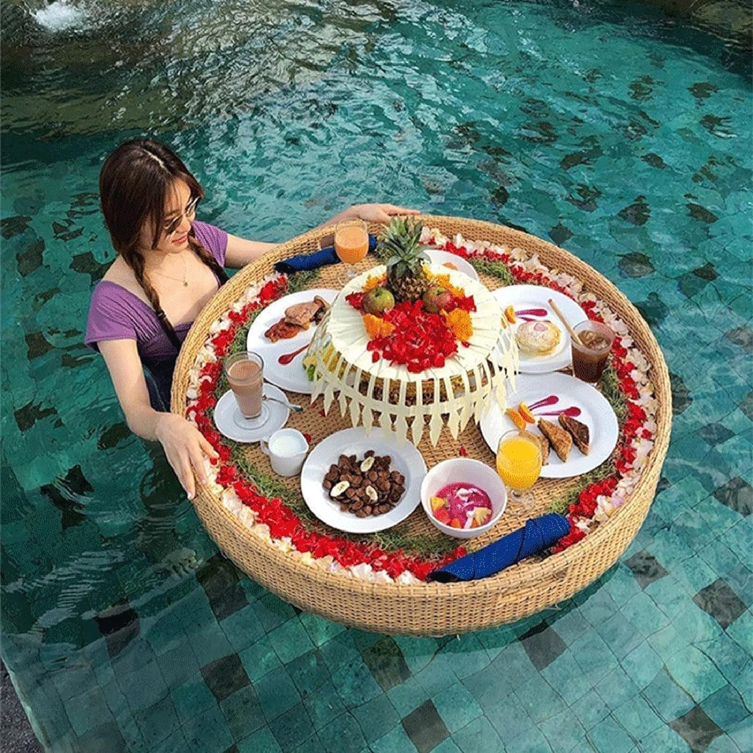Swimming Pool Floating Tray Round Floating Tray Swimming Pool Floating Beverage Bar with Handles Stylish Breakfast Tray On The Water for Adults Sandbars Spas Bath and Parties