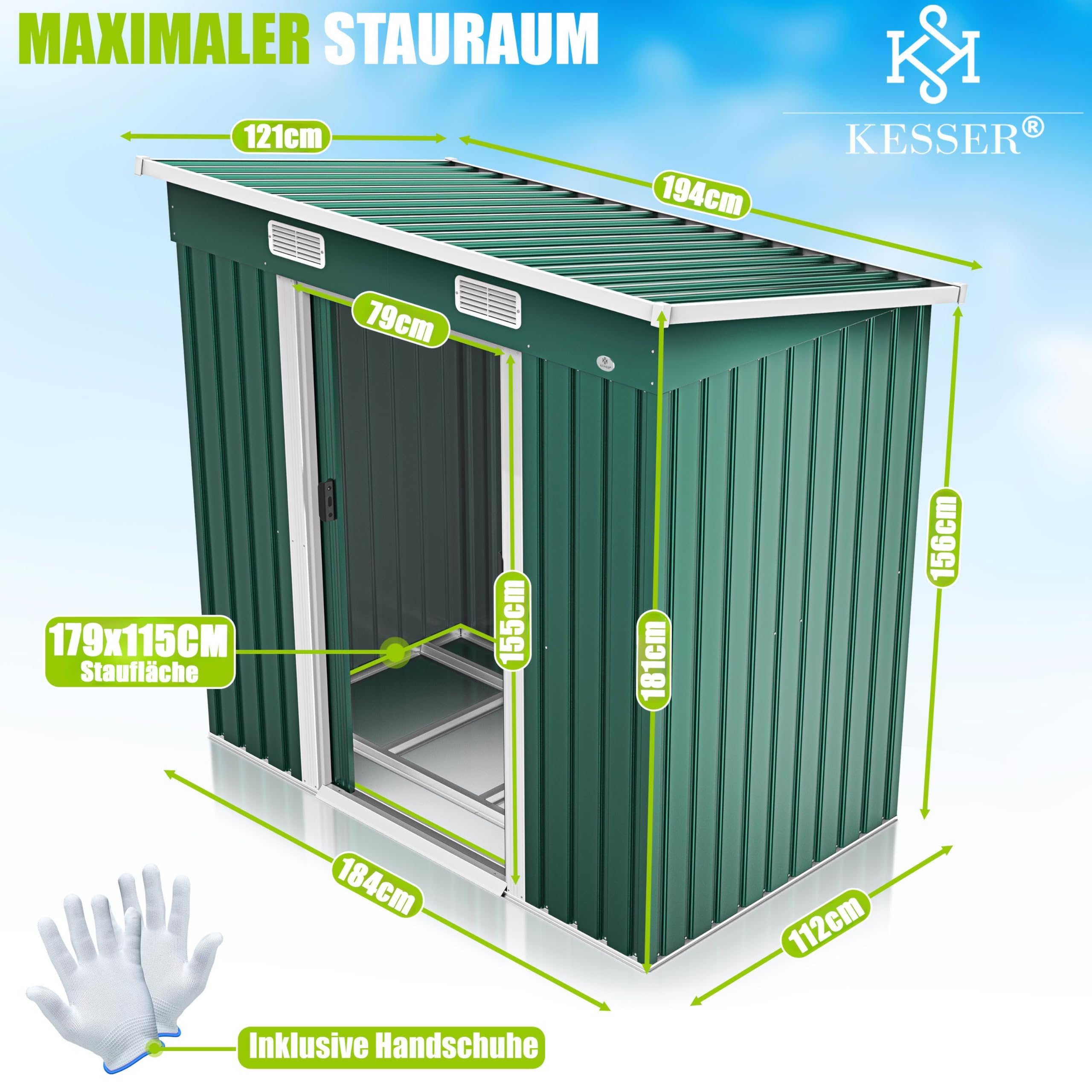 KESSER® - Gerätehaus L Metall 4 m³ mit Fundament | 194x112x181 cm | 2X Schiebetür & Fundament | Geräteschuppen | Gartenhaus Schrank | Pultdach Garten Schuppen, Ink. Arbeitshandschuhe Grün