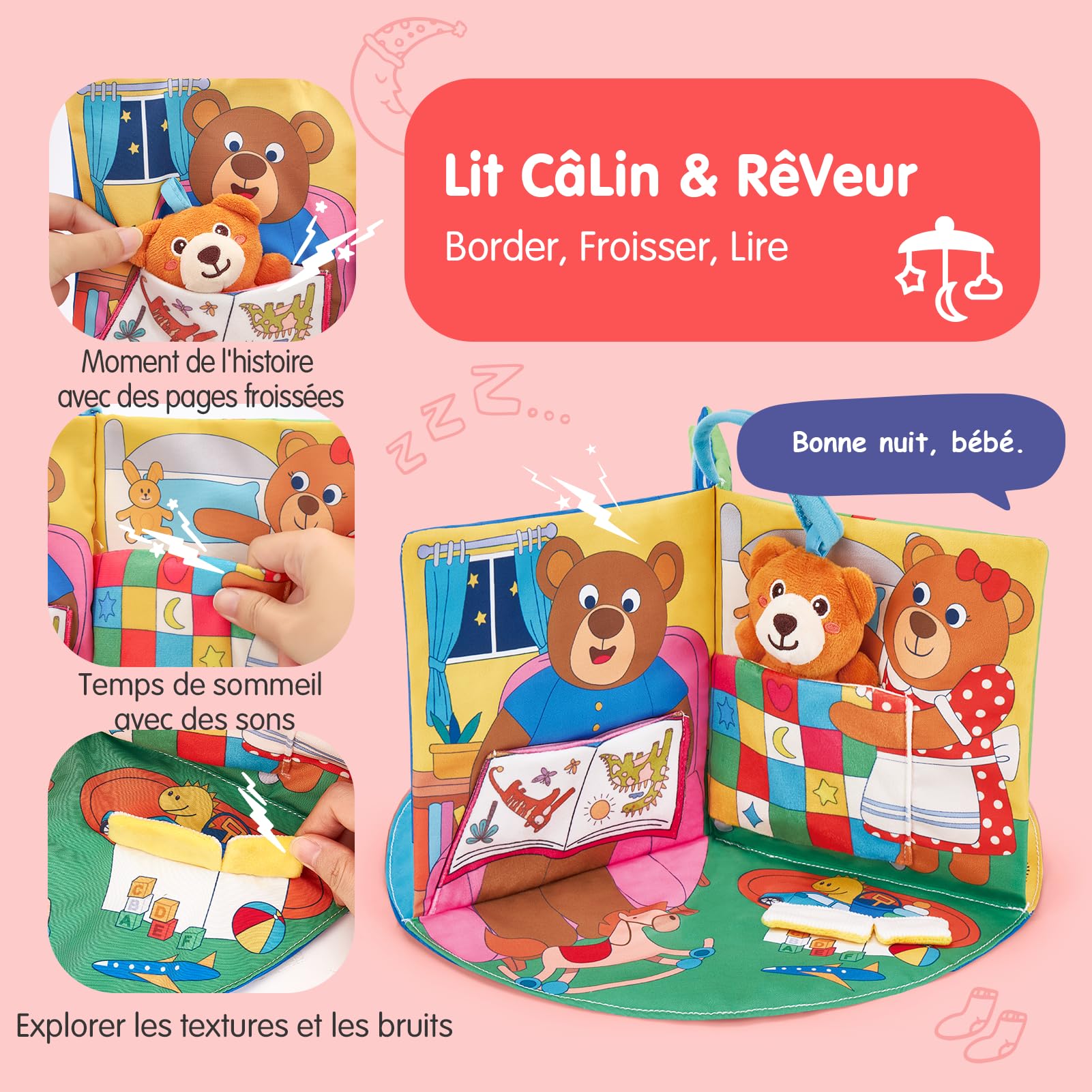 hahaland Livre Tissu Bebe Eveil 1 an - Livres activite sensoriel tactiles Bebes, Jouets Tissu Temps sur Ventre de 6 9 12 18 Mois, Livre interactif bébés 6-12 Mois, Cadeau garçon Fille Enfant 1 an