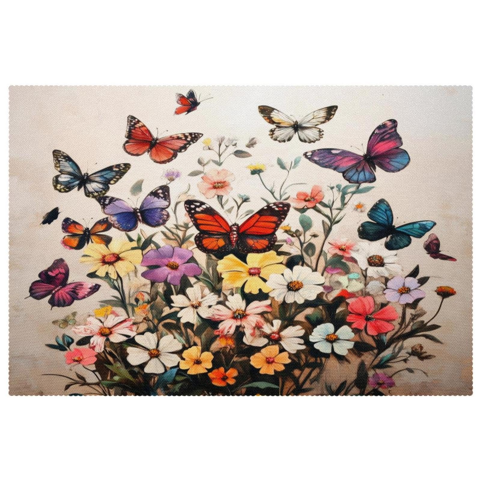 Set de table tissu Oxford lavable lot de 4 anti-chaleur fleurs et papillons