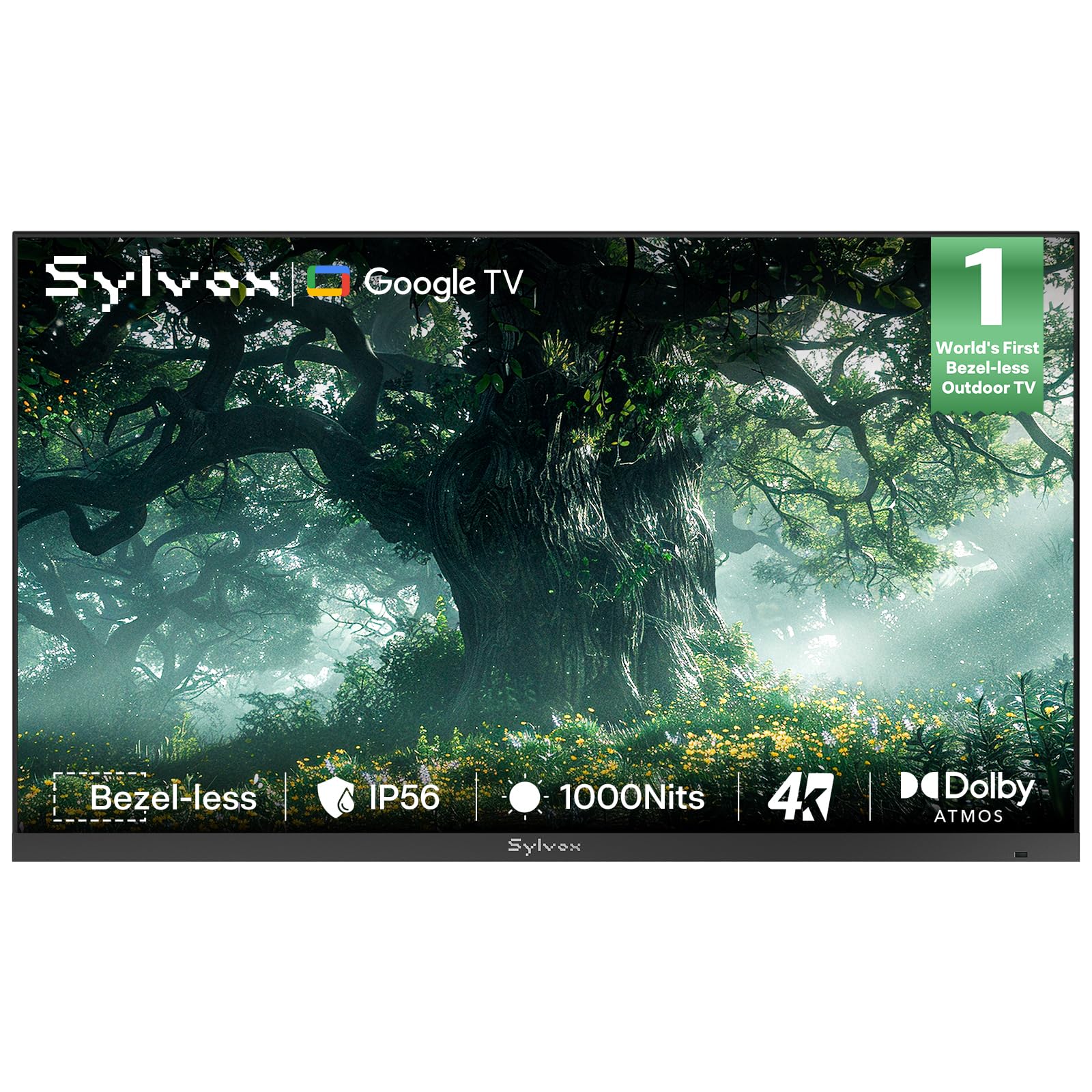 SYLVOX 75 inch Outdoor TV, Ultra-Narrow Bezel, 4K Smart Google TV, 1000 nits Partial Sun, IP56 Waterproof, Dual Speakers, All-Weather Metal Chassis for Patio, Deck, Backyard (Frameless Series)
