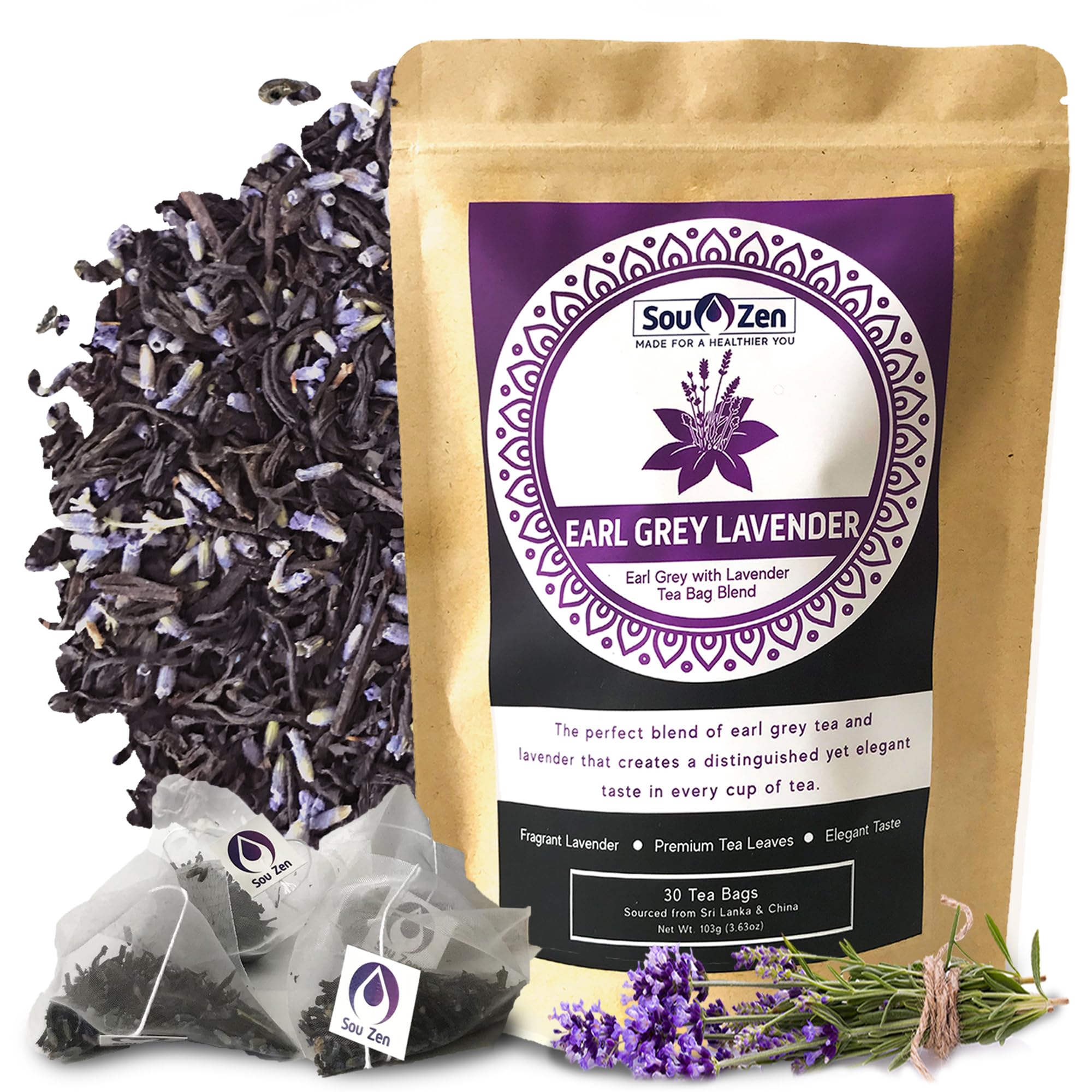 Earl Grey Lavender 30 Corn-Fiber Pyramid Tea Bags | Premium Loose Leaf Blend with Bergamot & Lavender | Naturally Organic Ingredients, No Additives
