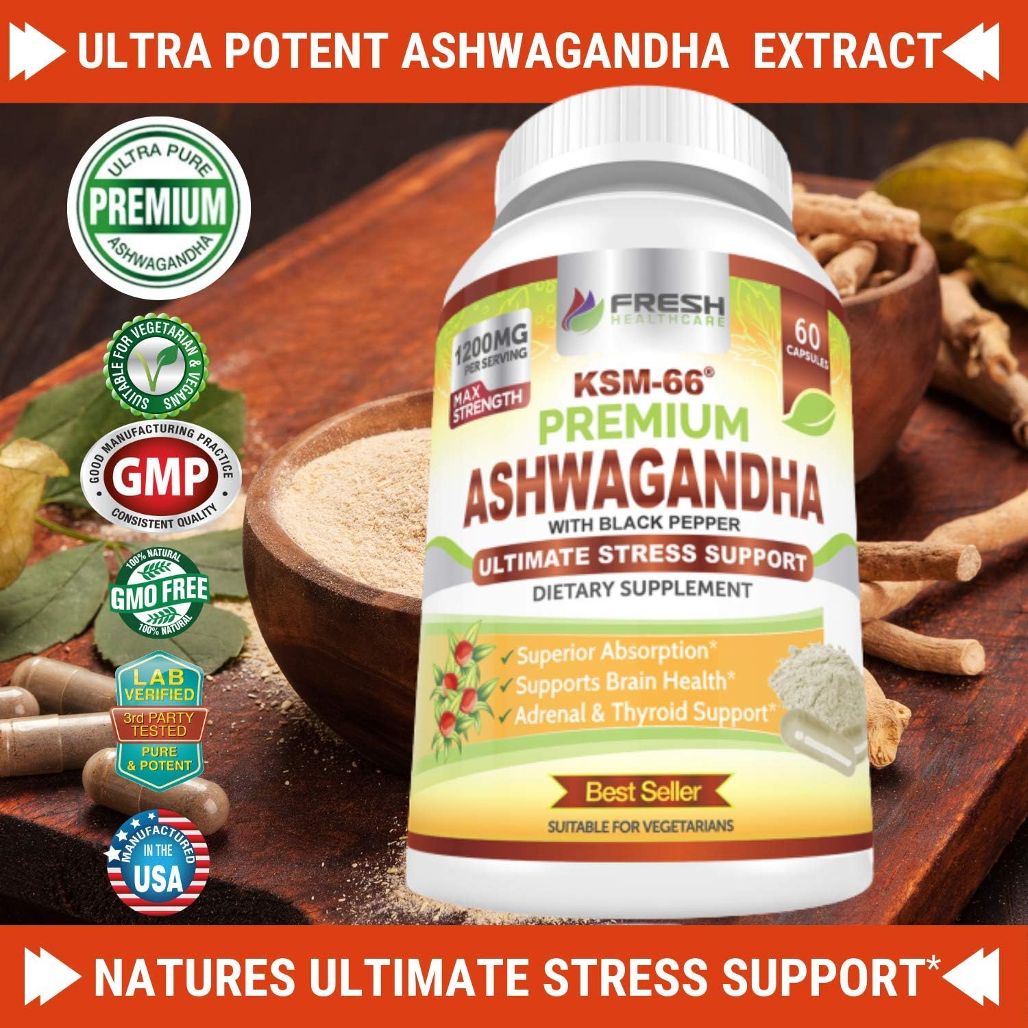 FRESH HEALTHCARE Ashwagandha Capsules KSM 66-1200mg Pure and Potent Root Extract with Black Pepper for High Absorption - KSM-66 Ashwagandha Supplement - 60 Vegan Capsules