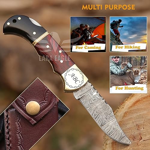 Vista 5 de Navaja de bolsillo personalizada de Damasco para hombres, cuchillos de caza plegables hechos a mano de acero sólido de 133 capas con afilador