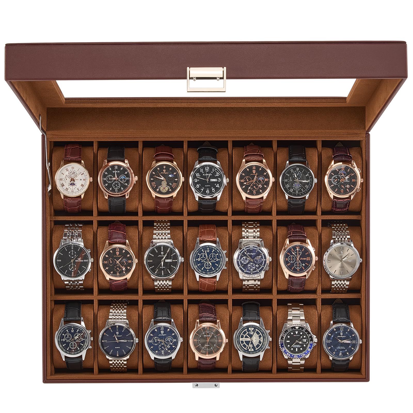 ProCase Boîte à Montres 21 Slots, Coffret Rangement Montres Grande Capacité, Couvercle Transparent Anti-Poussière, Protection et Présentation Élégante -Marron