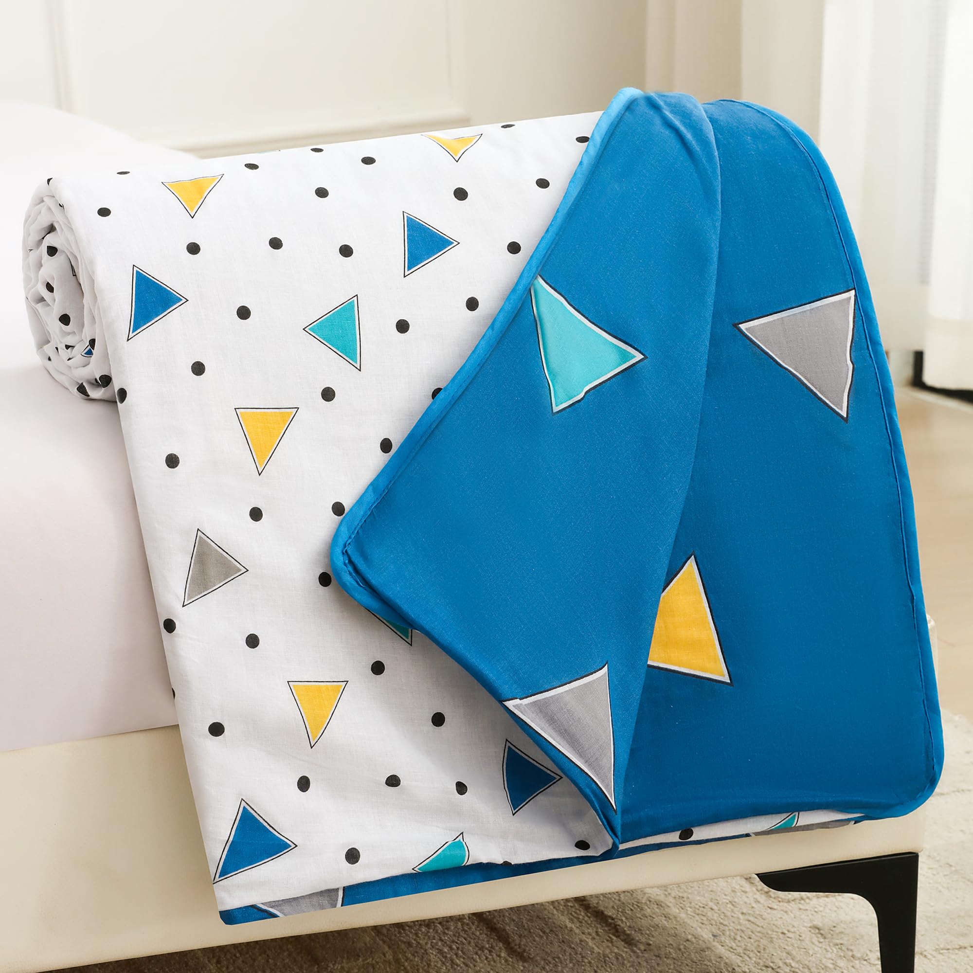 Story@Home Dohar Double Bed Cotton 100% | 150GSM 225 x240 cm Quilt AC Blanket for Summer | AC Comforter Double Bed | White & Blue Geometric Reversible Design Duvet | All-Season Blanket