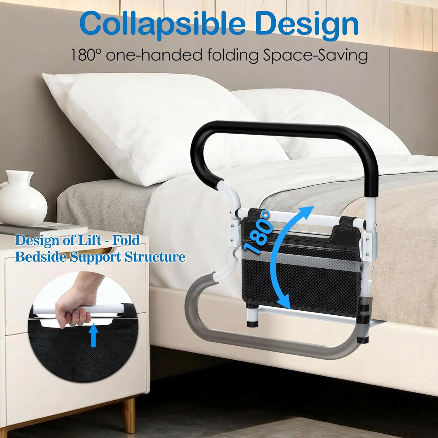 Bed Rails for Elderly Adults Safety, Foldable Bed Assist Rails for Seniors with Storage Pocket,Adjustable Height & Tool-Free Setup,180° One-Hand Folding Bed Side Rails