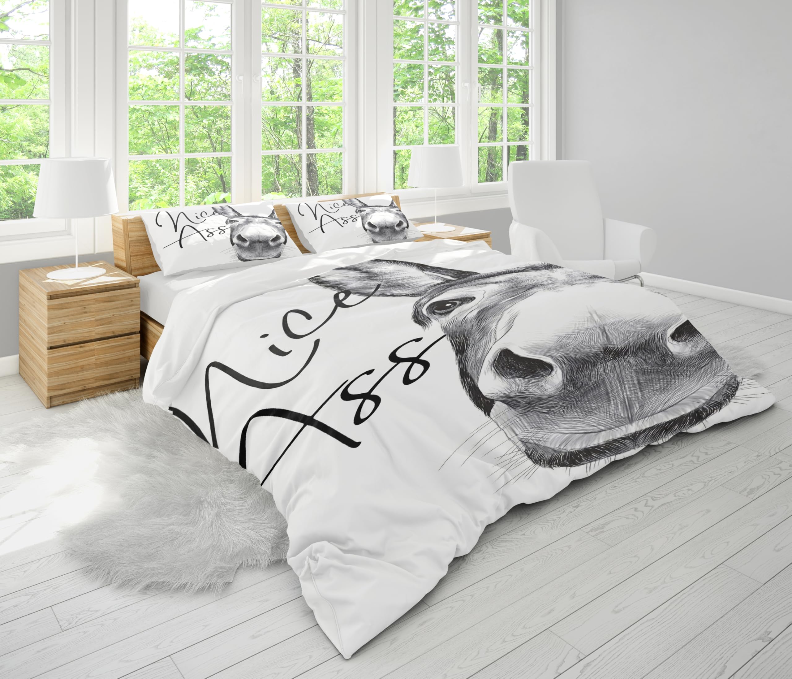 Ensemble de literie motif âne rétro gris 135x200cm imprimé animal ferme avec 2 taies d'oreiller