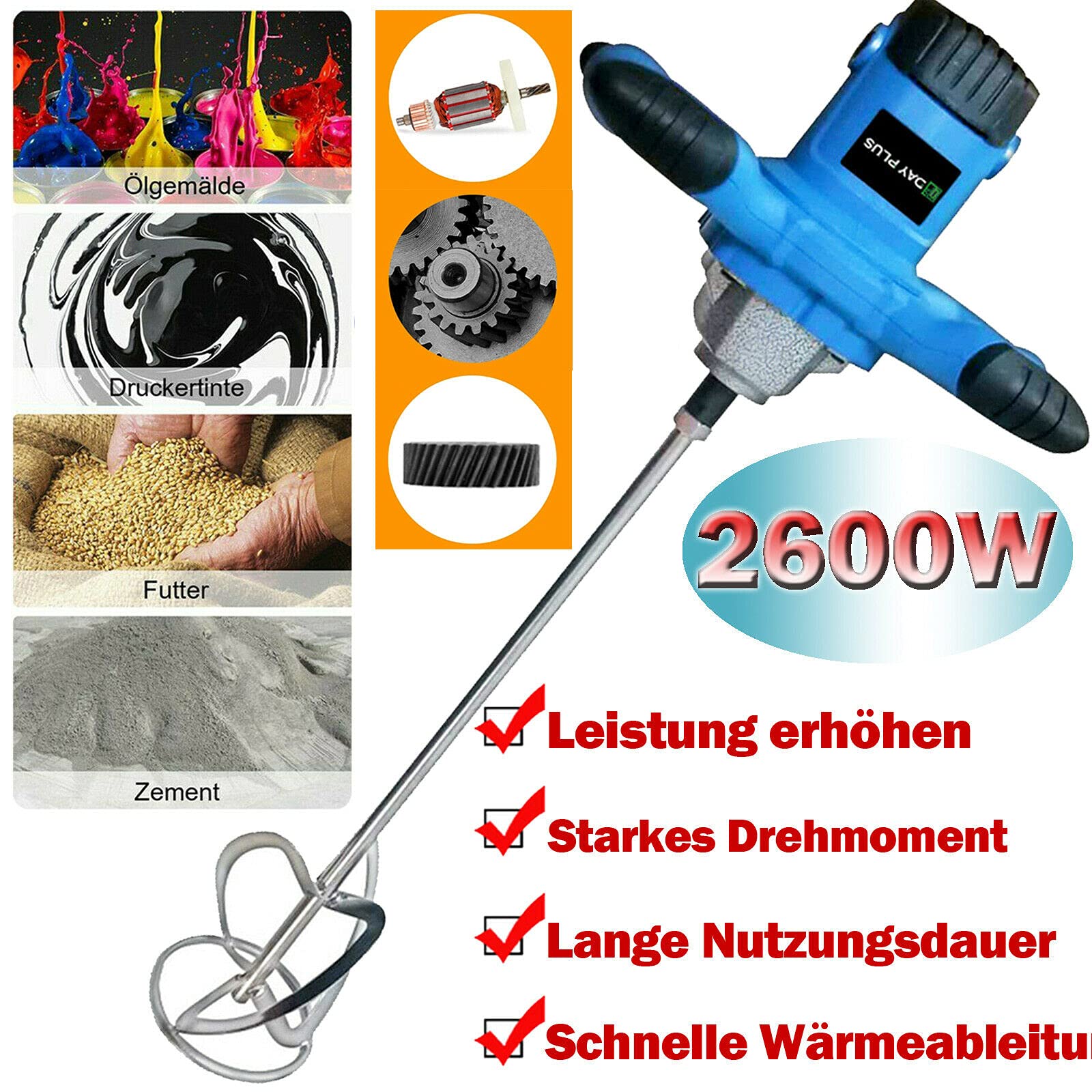 Mélangeur à béton 2600 W avec réglage de la vitesse de rotation 6 vitesses et interrupteur verrouillable avec batteur Ø 120 mm – pour peinture, plâtre et chape, agitateur de mortier